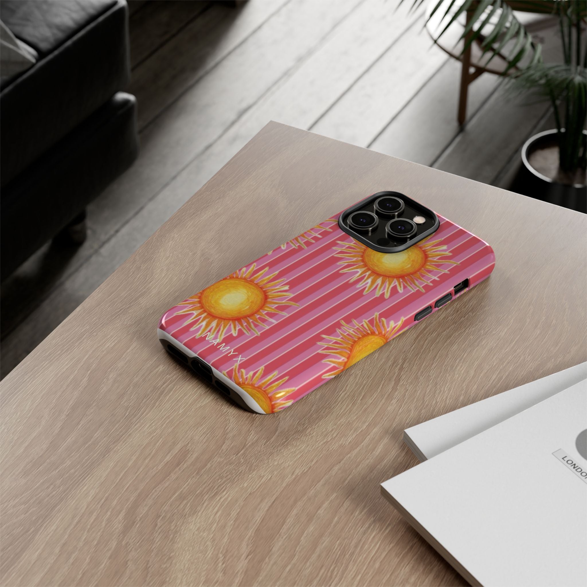 Sunburst Stripe Tough Phone Case — Bright Yellow Sun Pattern on Pink