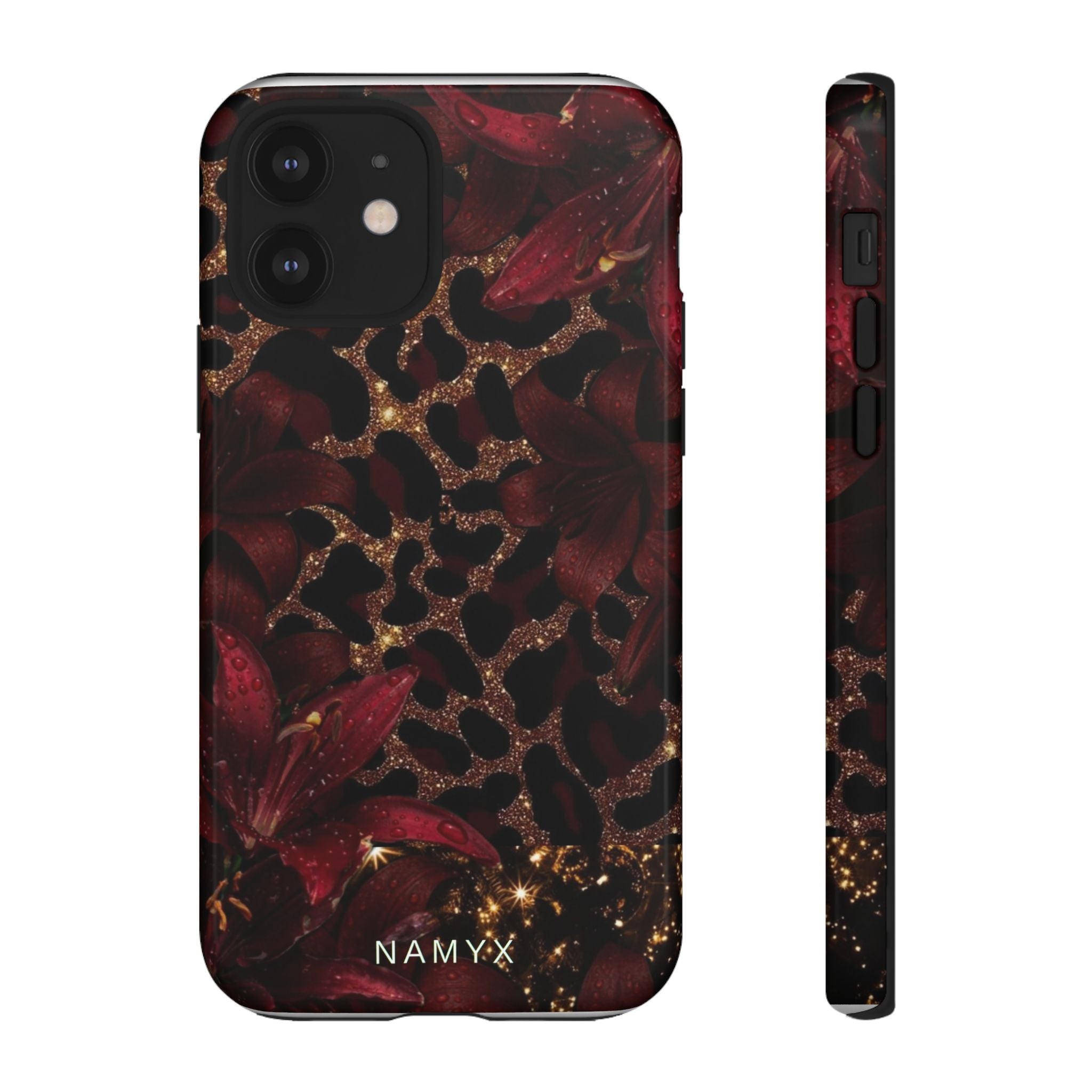 Protective Phone Case — Burgundy Floral & Gold Leopard Print Tough Case