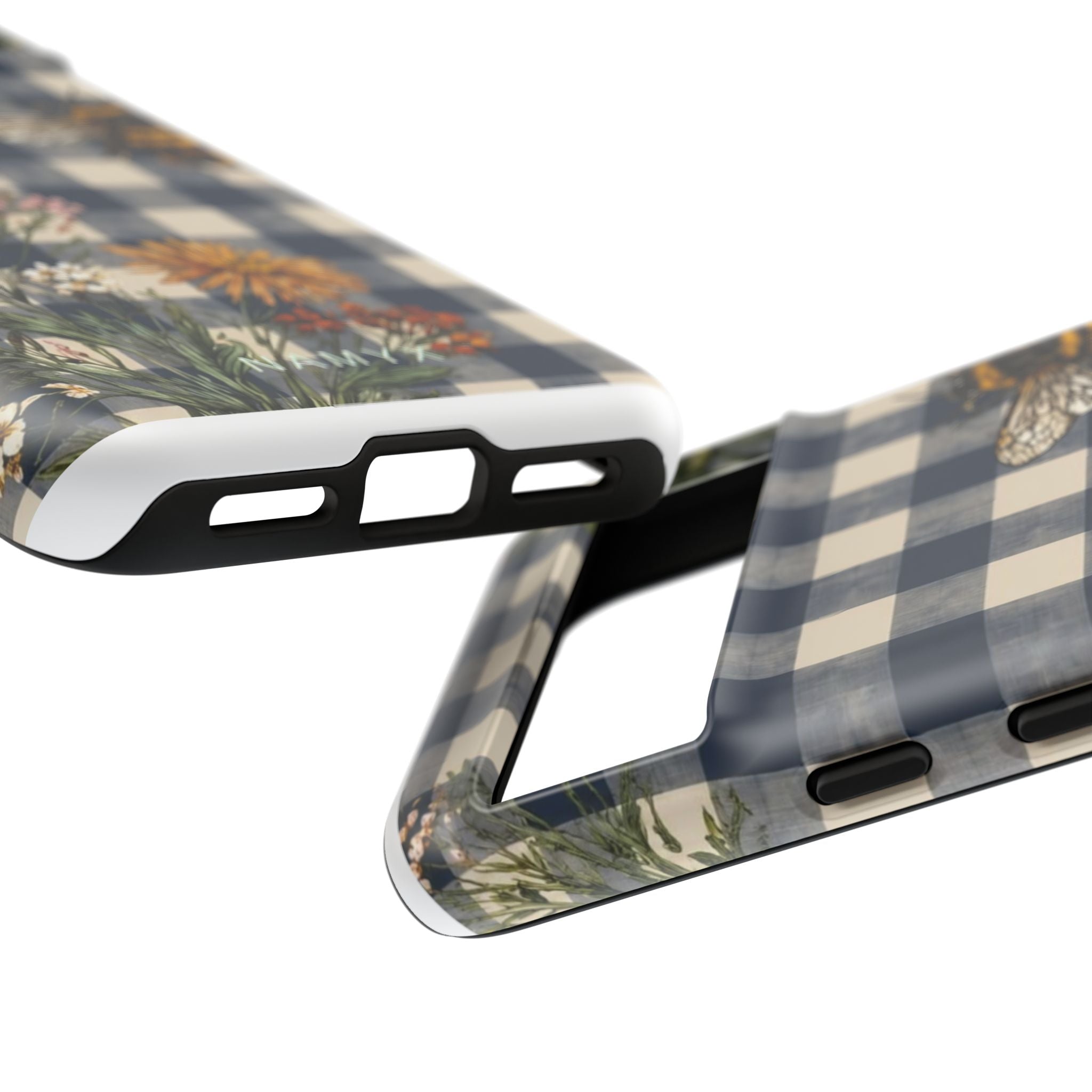 Bee & Wildflower Plaid Phone Case — Navy Buffalo Check Floral iPhone Cover