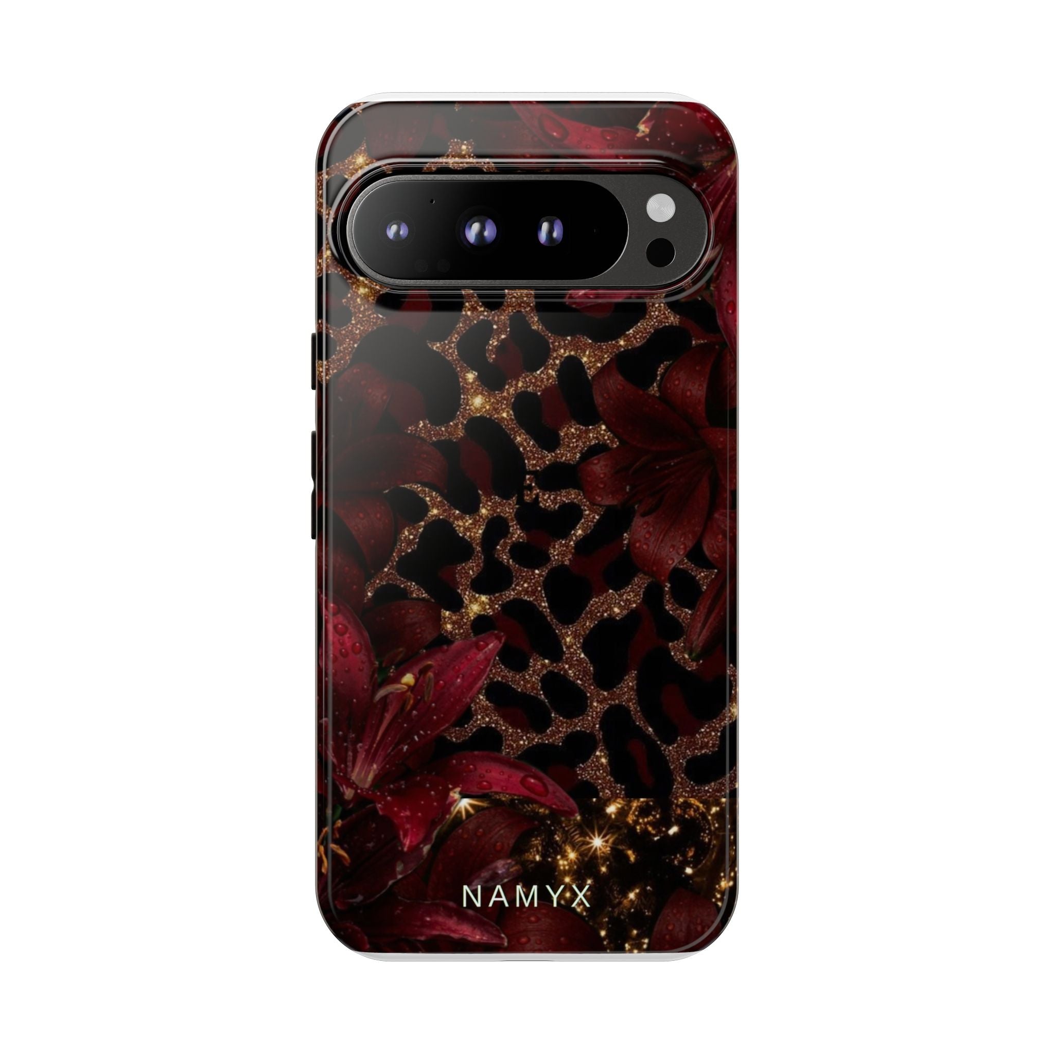 Protective Phone Case — Burgundy Floral & Gold Leopard Print Tough Case