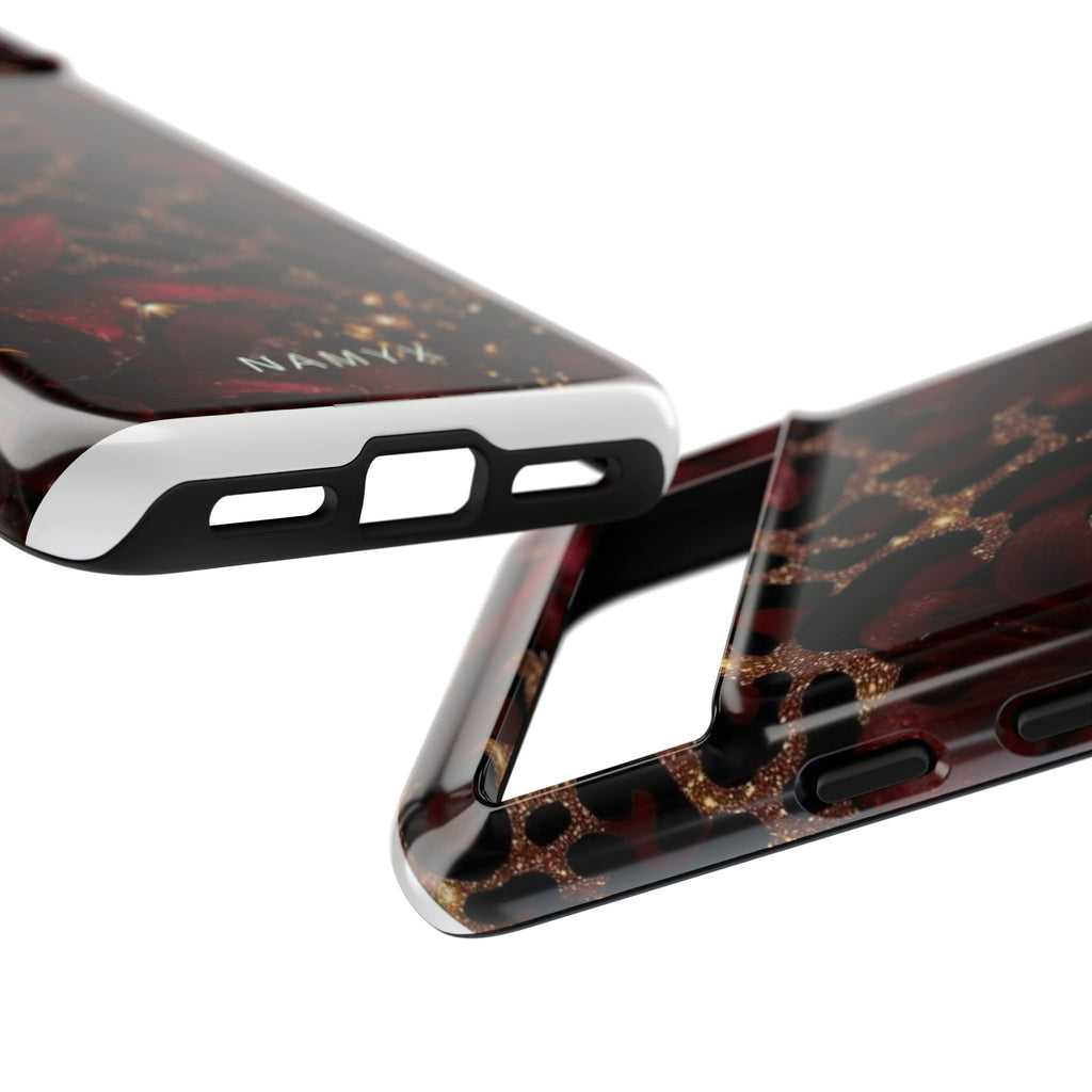 Protective Phone Case — Burgundy Floral & Gold Leopard Print Tough Case