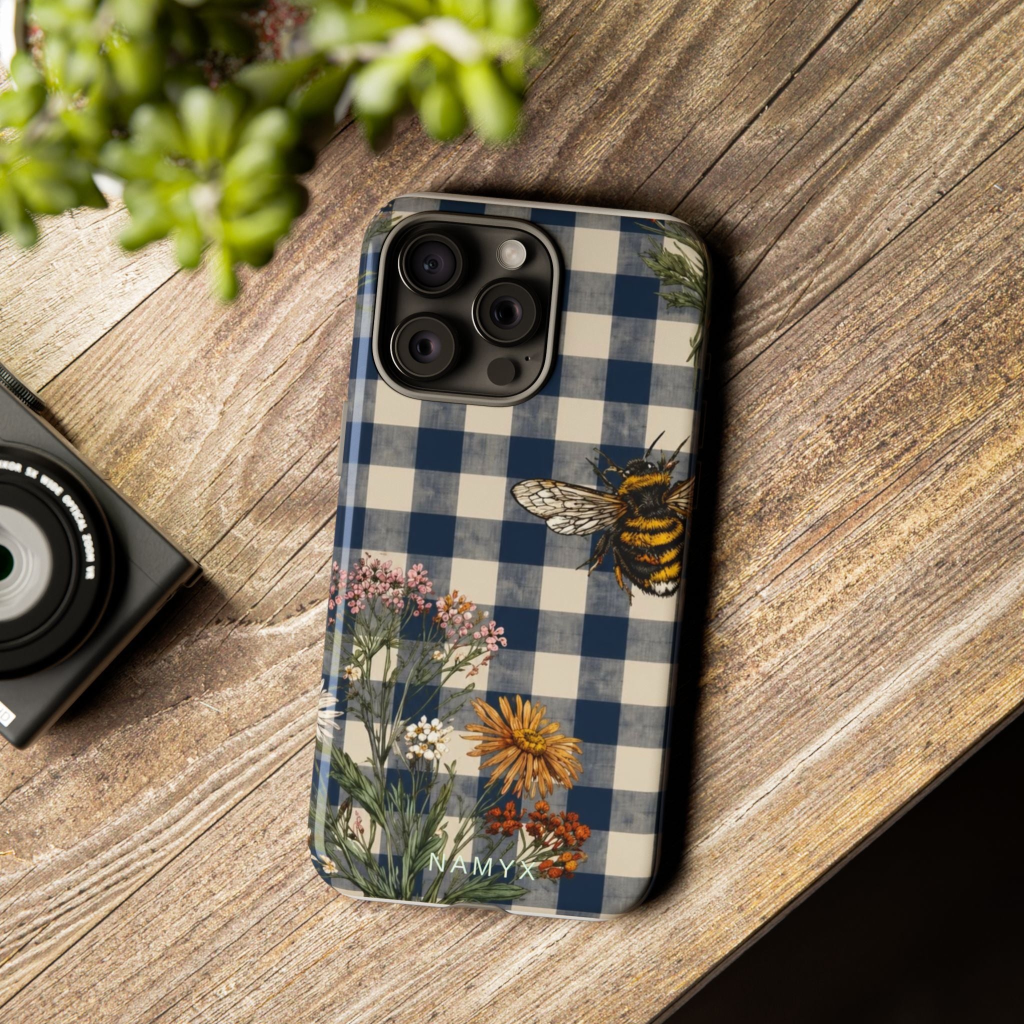 Bee & Wildflower Plaid Phone Case — Navy Buffalo Check Floral iPhone Cover