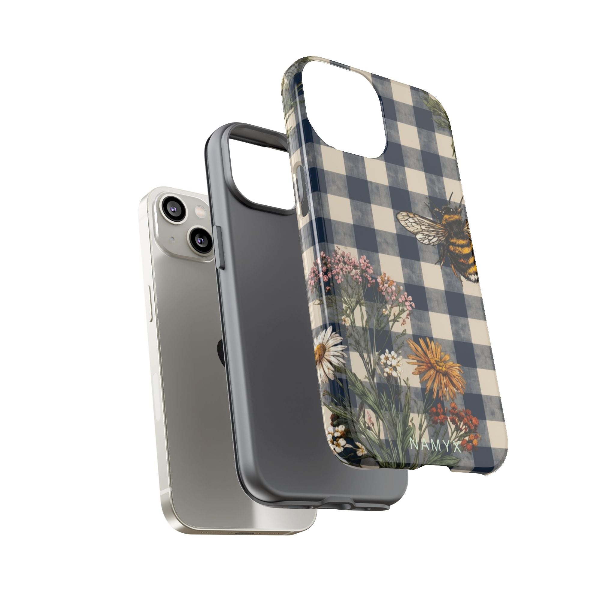 Bee & Wildflower Plaid Phone Case — Navy Buffalo Check Floral iPhone Cover