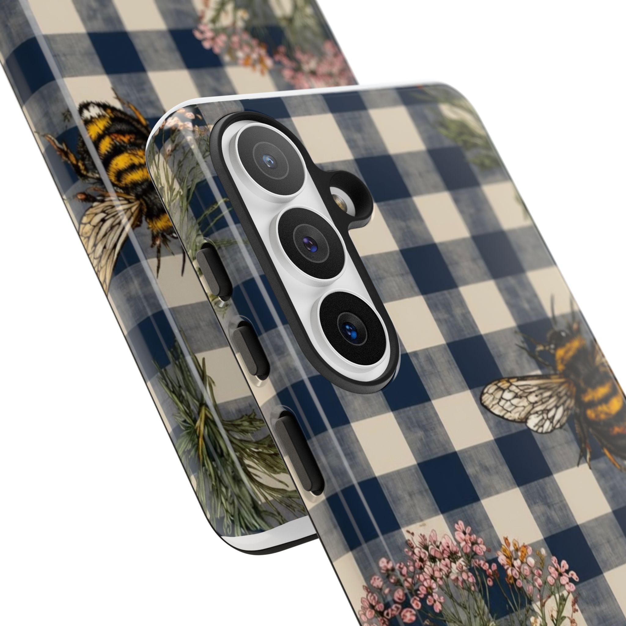 Bee & Wildflower Plaid Phone Case — Navy Buffalo Check Floral iPhone Cover