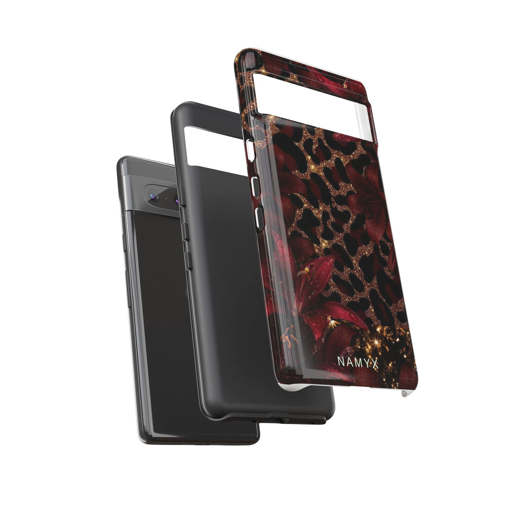 Protective Phone Case — Burgundy Floral & Gold Leopard Print Tough Case