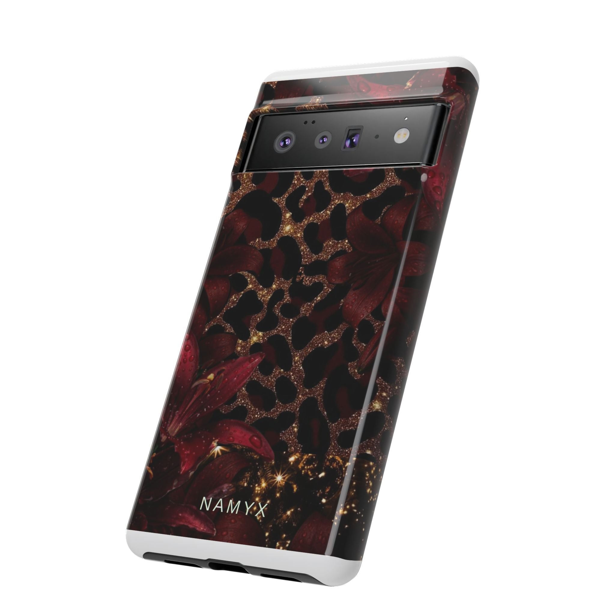 Protective Phone Case — Burgundy Floral & Gold Leopard Print Tough Case