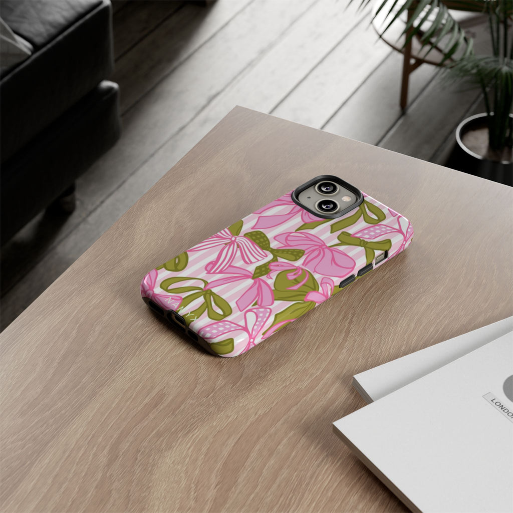 Bow Pattern Tough Case - Pink & Olive Floral Phone Cover