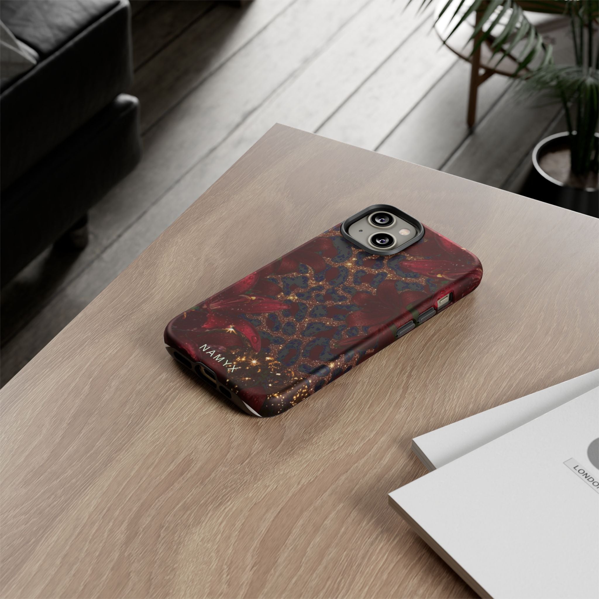 Protective Phone Case — Burgundy Floral & Gold Leopard Print Tough Case