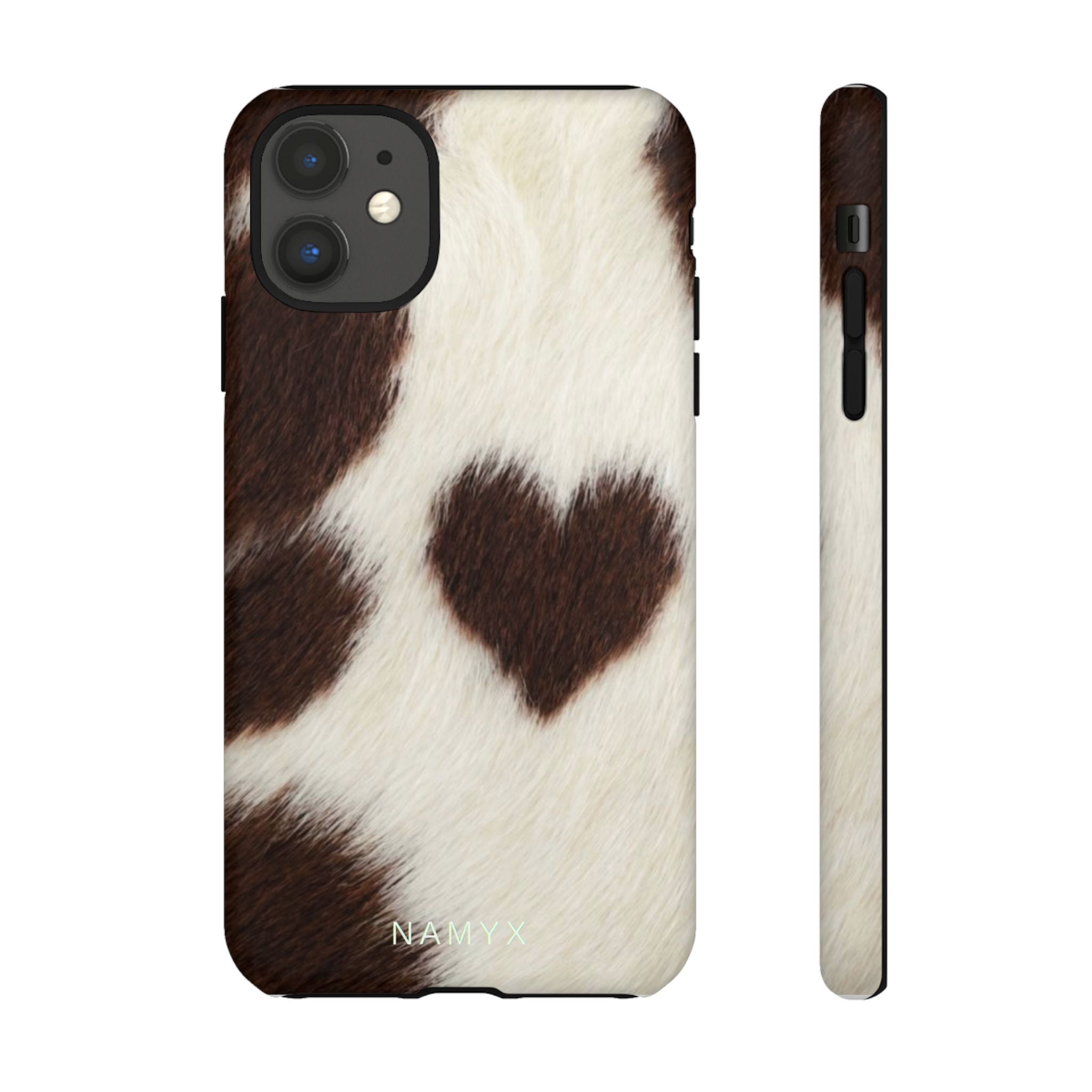 Cowhide Heart Phone Case — Cute Cow Print Protective iPhone Cover