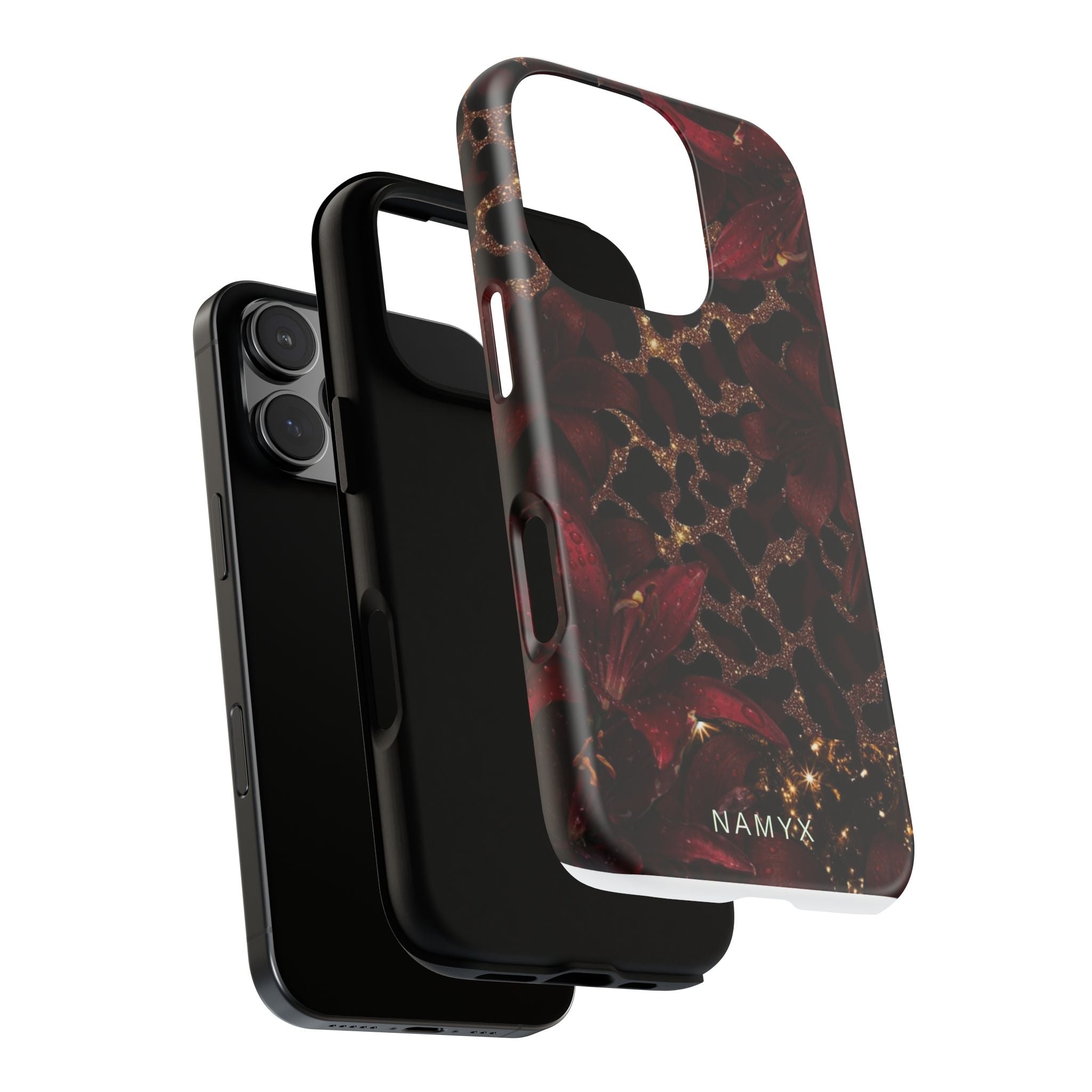 Protective Phone Case — Burgundy Floral & Gold Leopard Print Tough Case