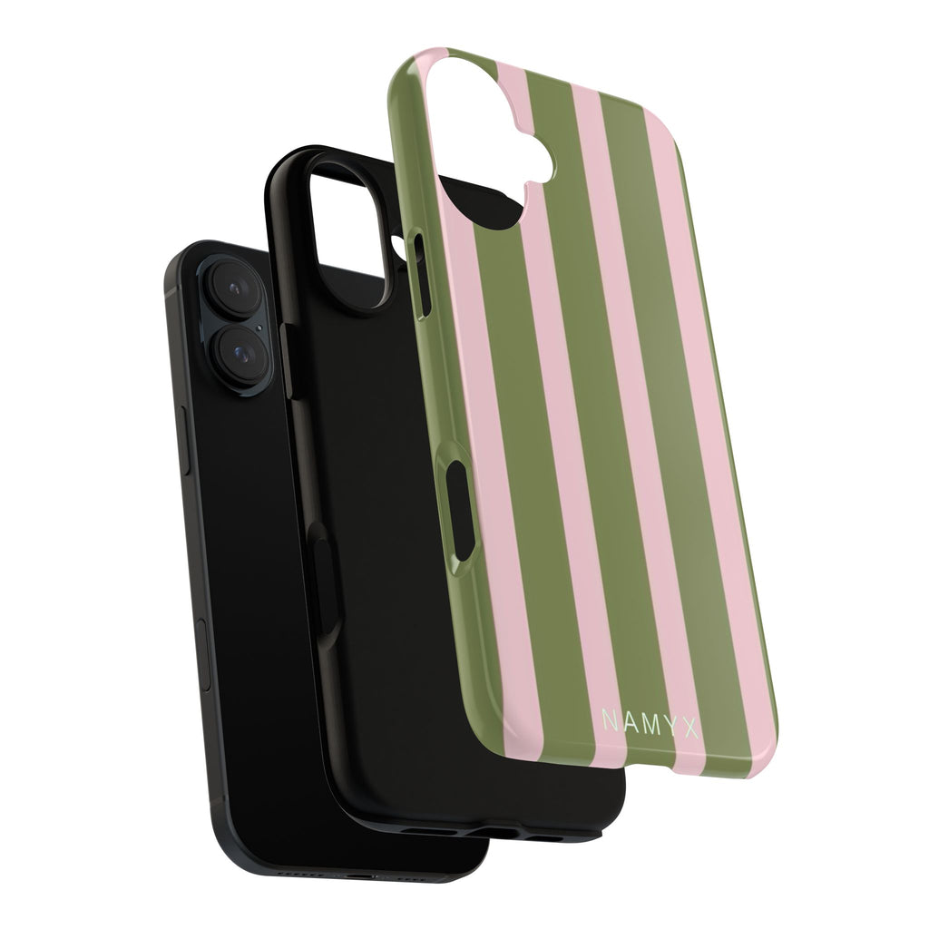 Striped Olive & Blush Tough Phone Case — Durable Protective Phone Cover