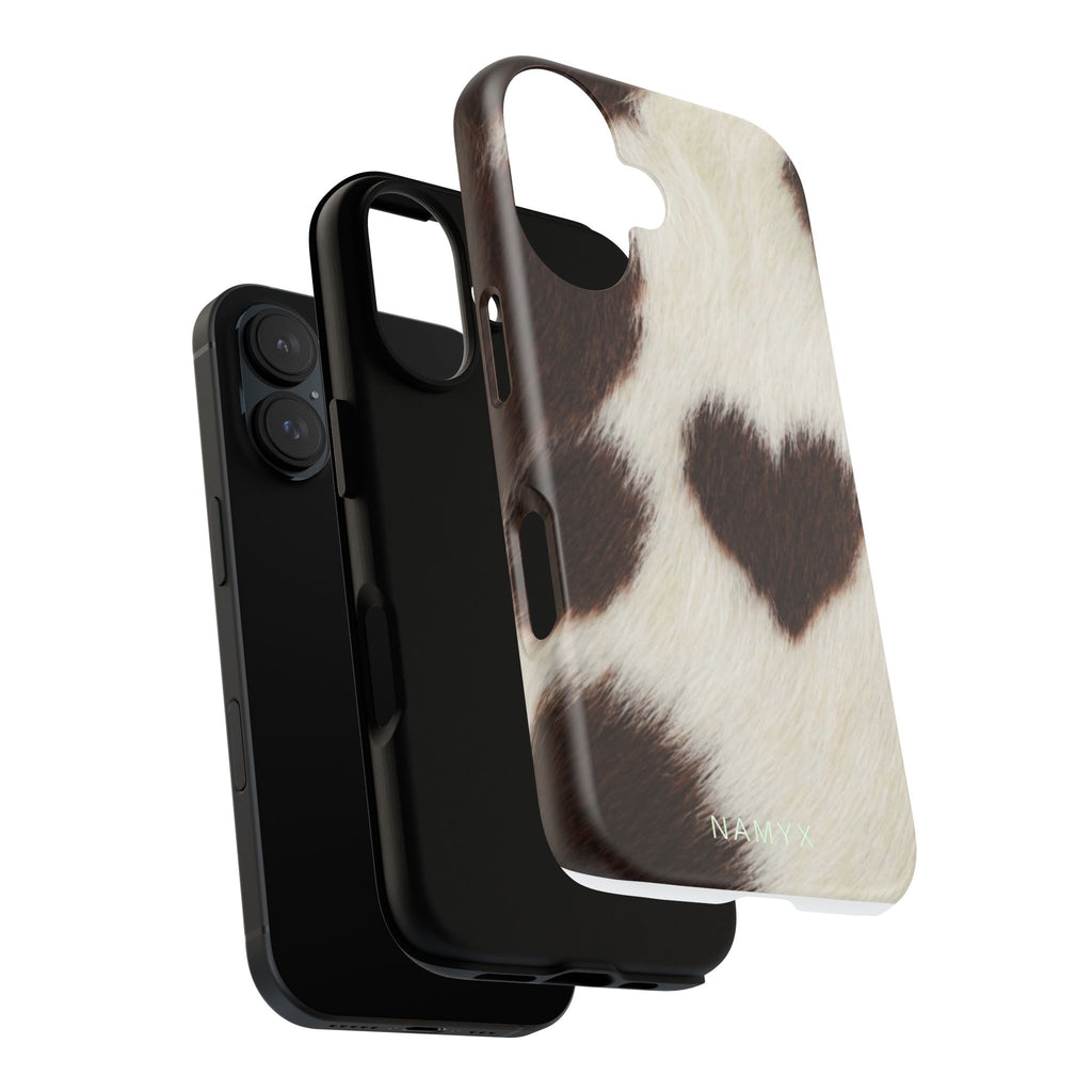 Cowhide Heart Phone Case — Cute Cow Print Protective iPhone Cover