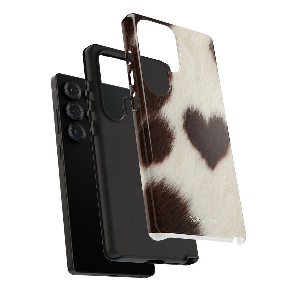 Cowhide Heart Phone Case — Cute Cow Print Protective iPhone Cover