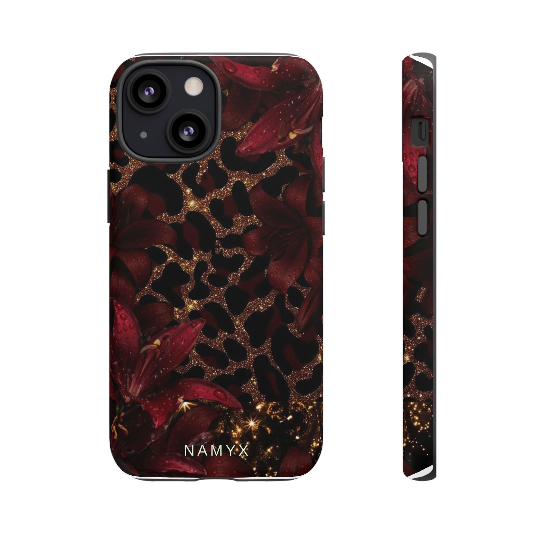 Protective Phone Case — Burgundy Floral & Gold Leopard Print Tough Case
