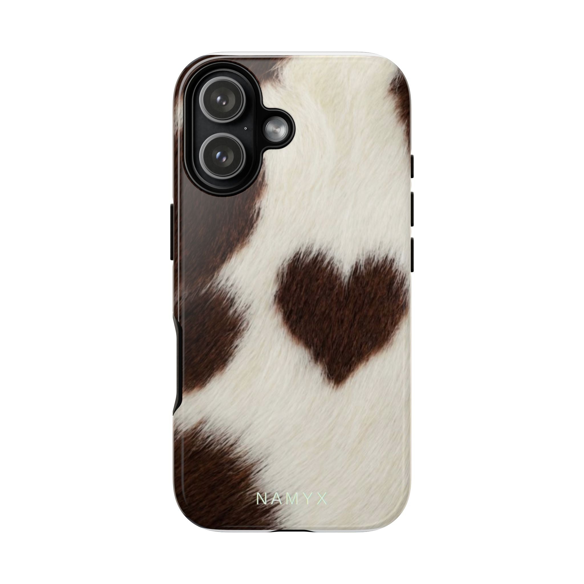 Cowhide Heart Phone Case — Cute Cow Print Protective iPhone Cover