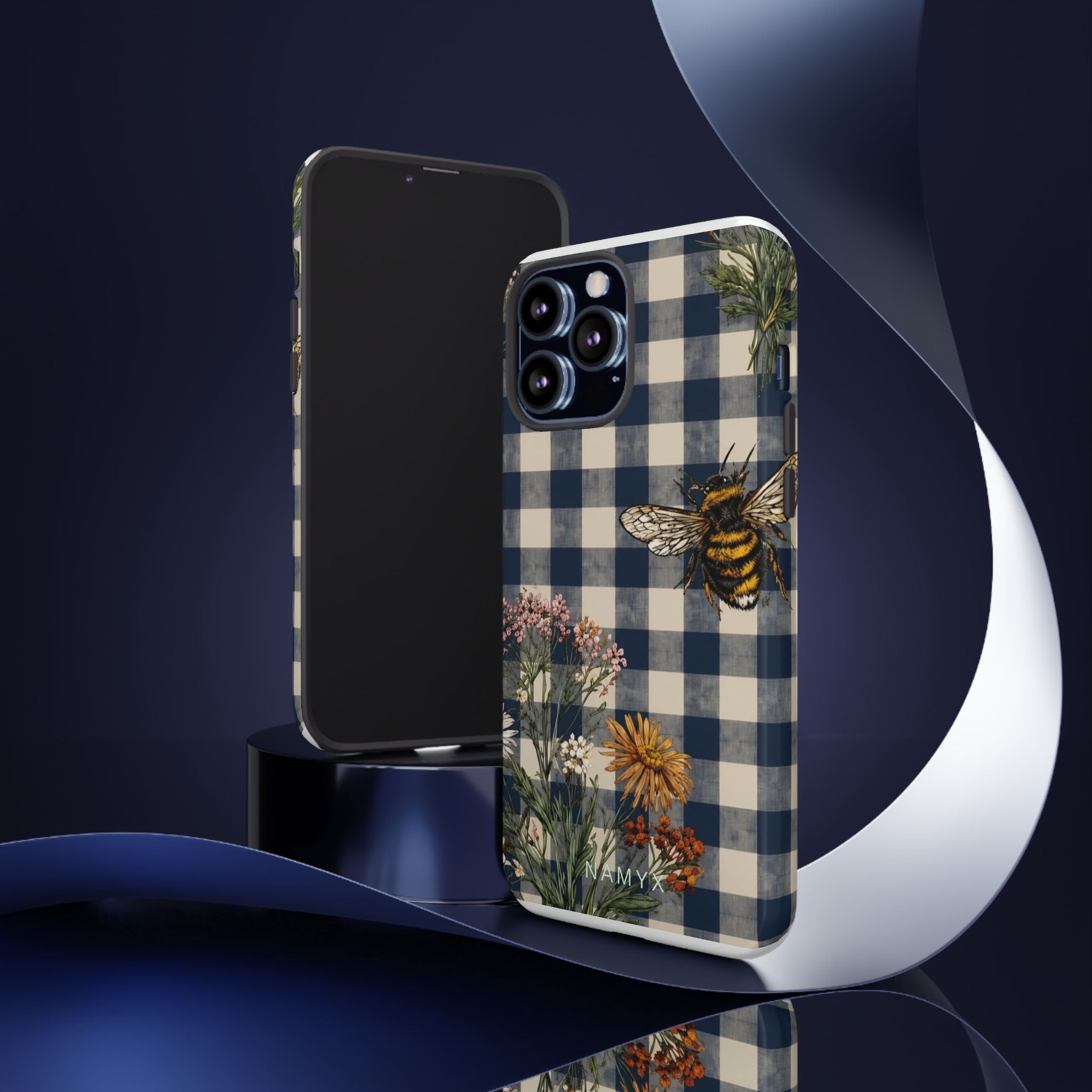 Bee & Wildflower Plaid Phone Case — Navy Buffalo Check Floral iPhone Cover