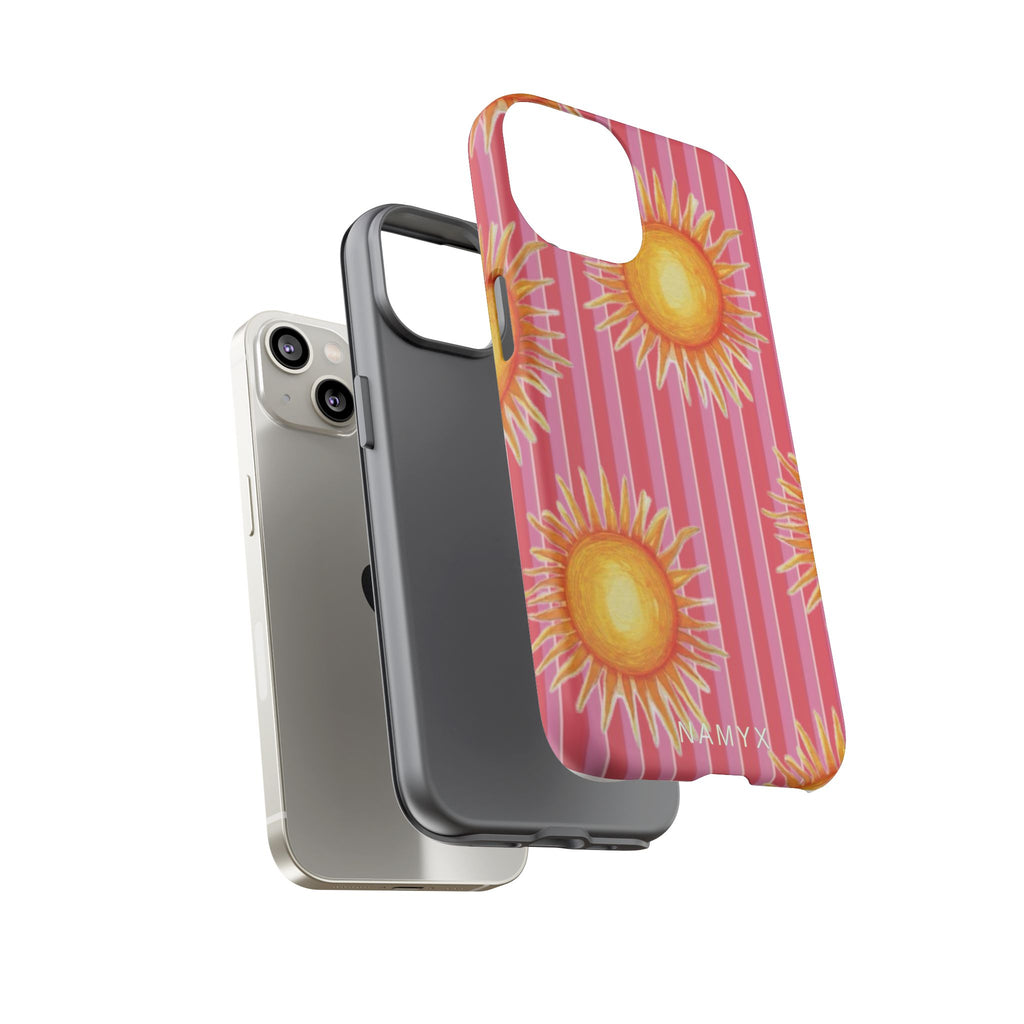 Sunburst Stripe Tough Phone Case — Bright Yellow Sun Pattern on Pink