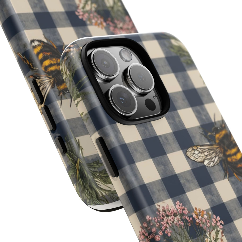 Bee & Wildflower Plaid Phone Case — Navy Buffalo Check Floral iPhone Cover