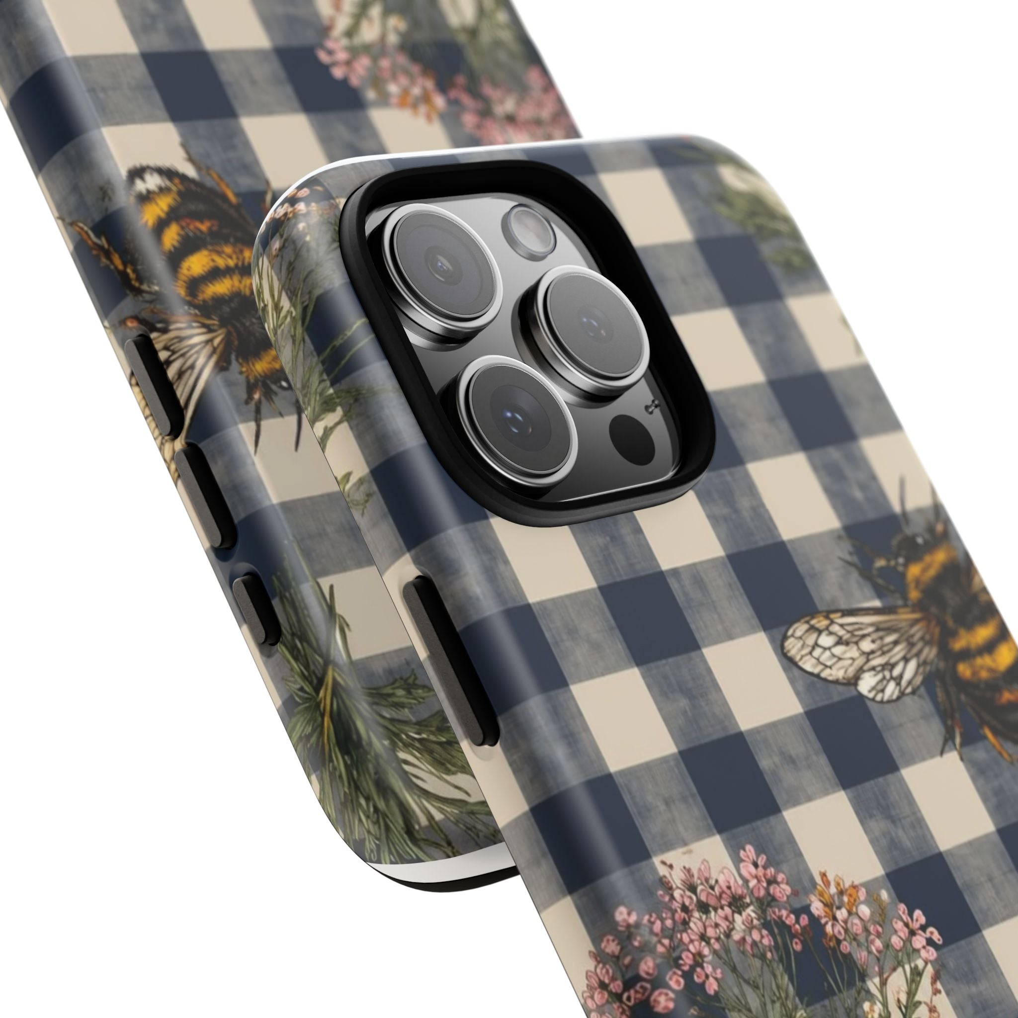 Bee & Wildflower Plaid Phone Case — Navy Buffalo Check Floral iPhone Cover