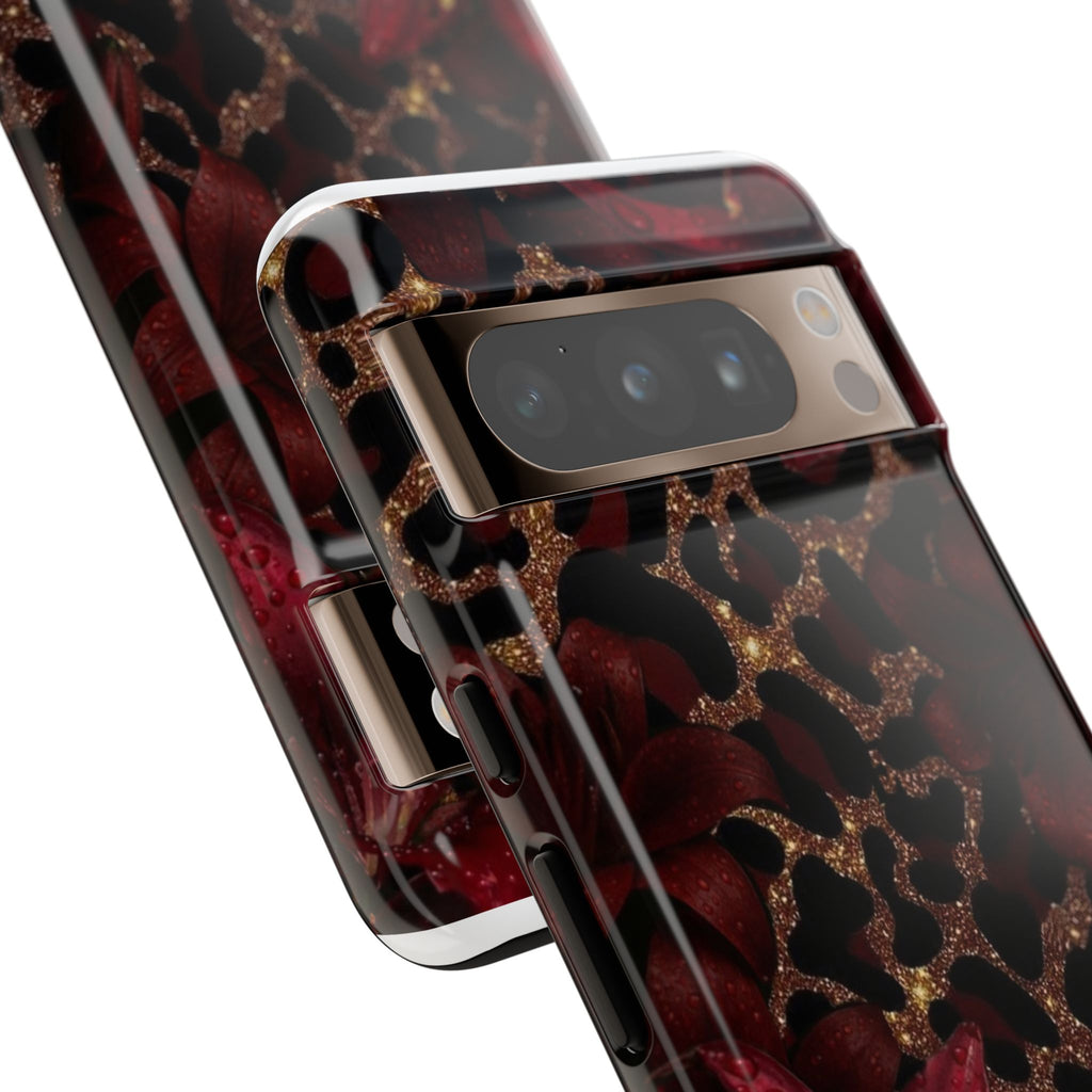 Protective Phone Case — Burgundy Floral & Gold Leopard Print Tough Case