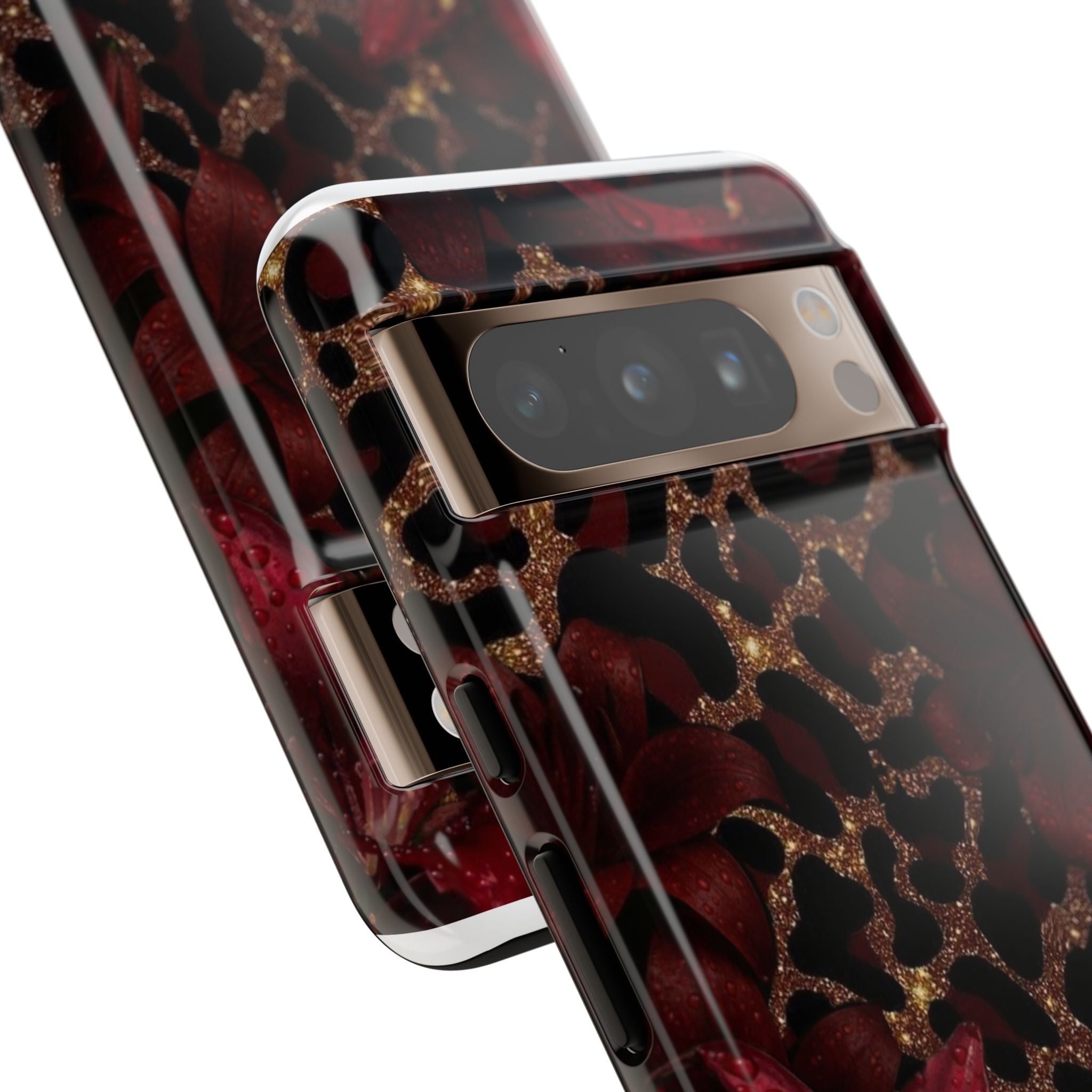 Protective Phone Case — Burgundy Floral & Gold Leopard Print Tough Case