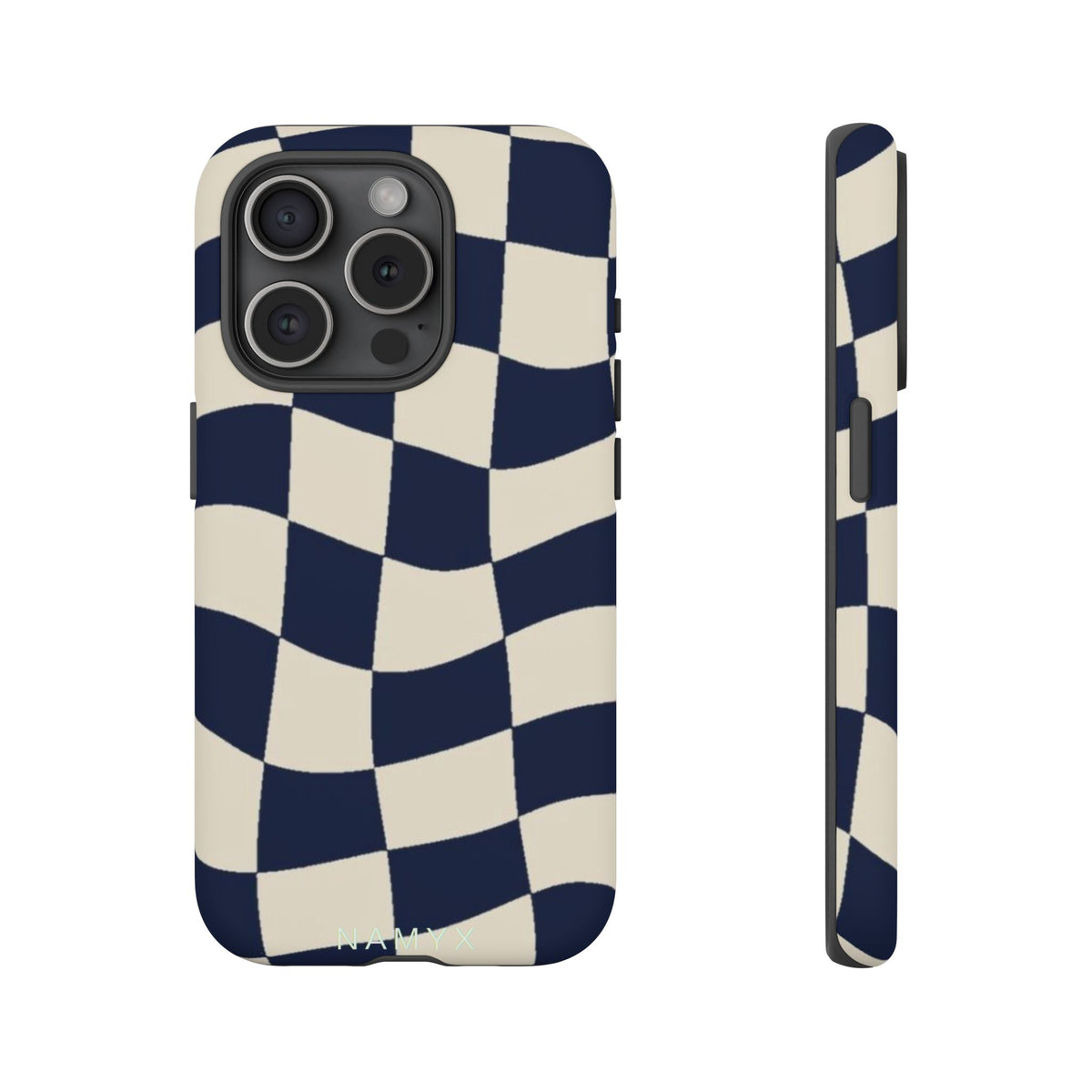 Wavy Checkered Phone Case – Retro Navy Racing Pattern Tough Case