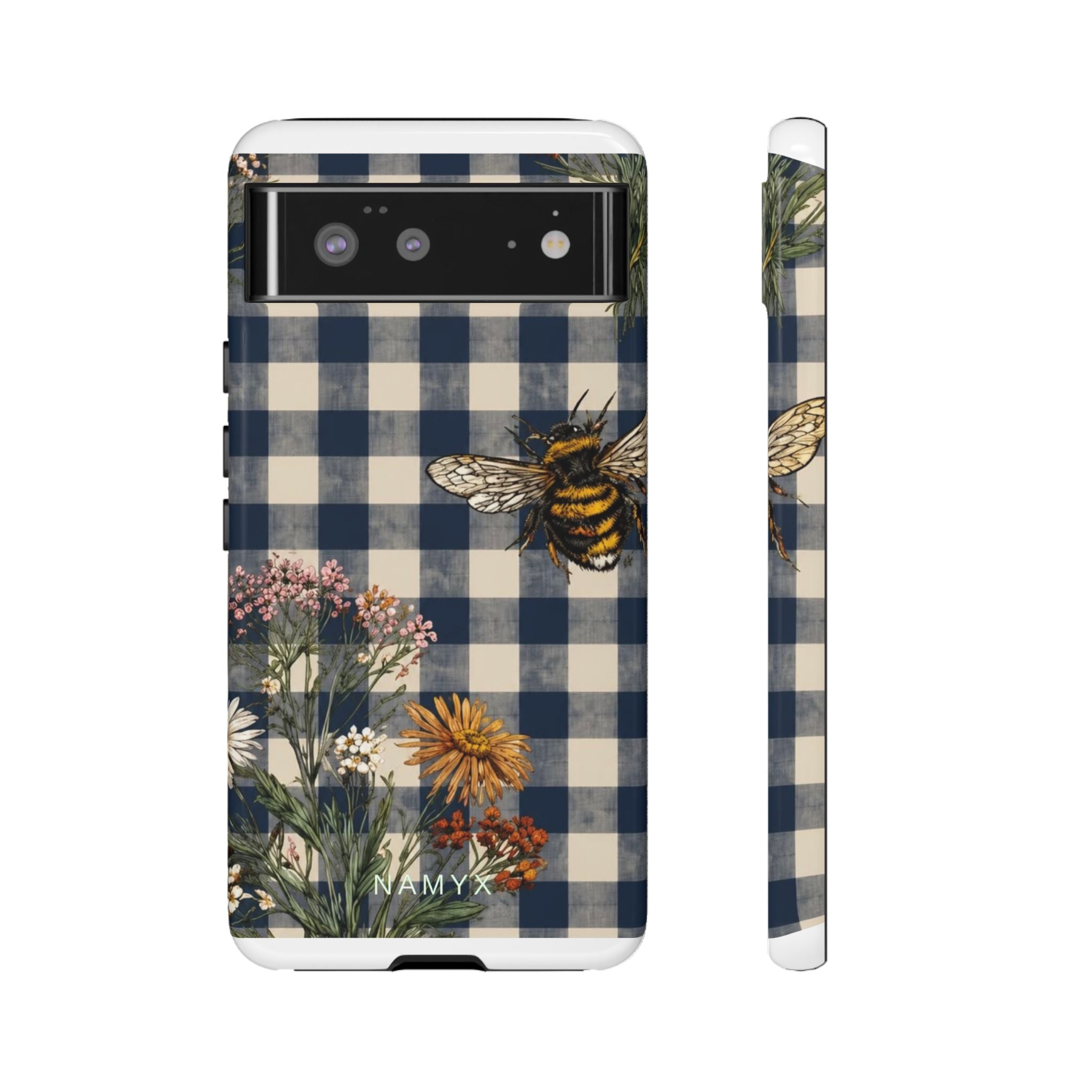 Bee & Wildflower Plaid Phone Case — Navy Buffalo Check Floral iPhone Cover