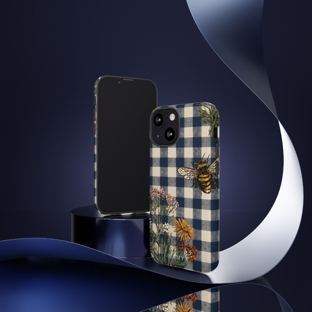 Bee & Wildflower Plaid Phone Case — Navy Buffalo Check Floral iPhone Cover