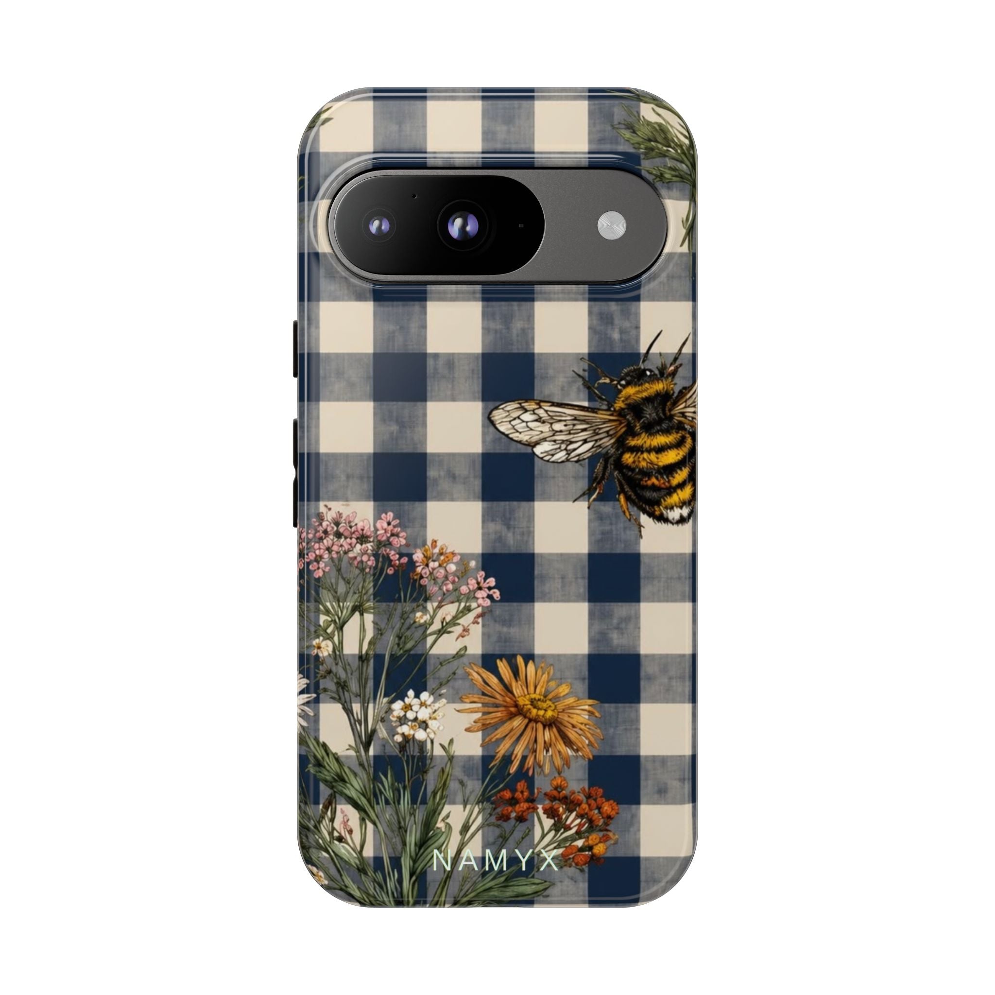 Bee & Wildflower Plaid Phone Case — Navy Buffalo Check Floral iPhone Cover