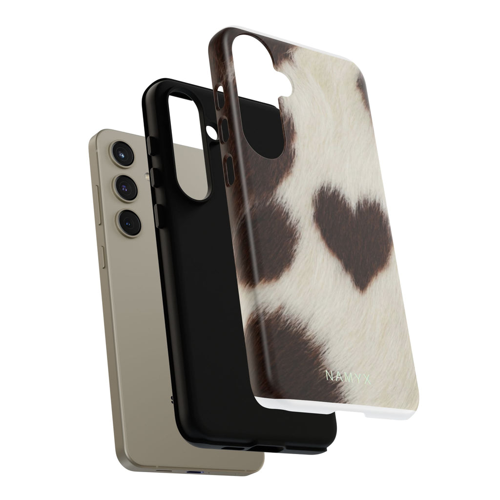 Cowhide Heart Phone Case — Cute Cow Print Protective iPhone Cover