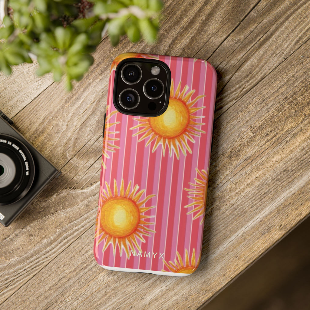 Sunburst Stripe Tough Phone Case — Bright Yellow Sun Pattern on Pink