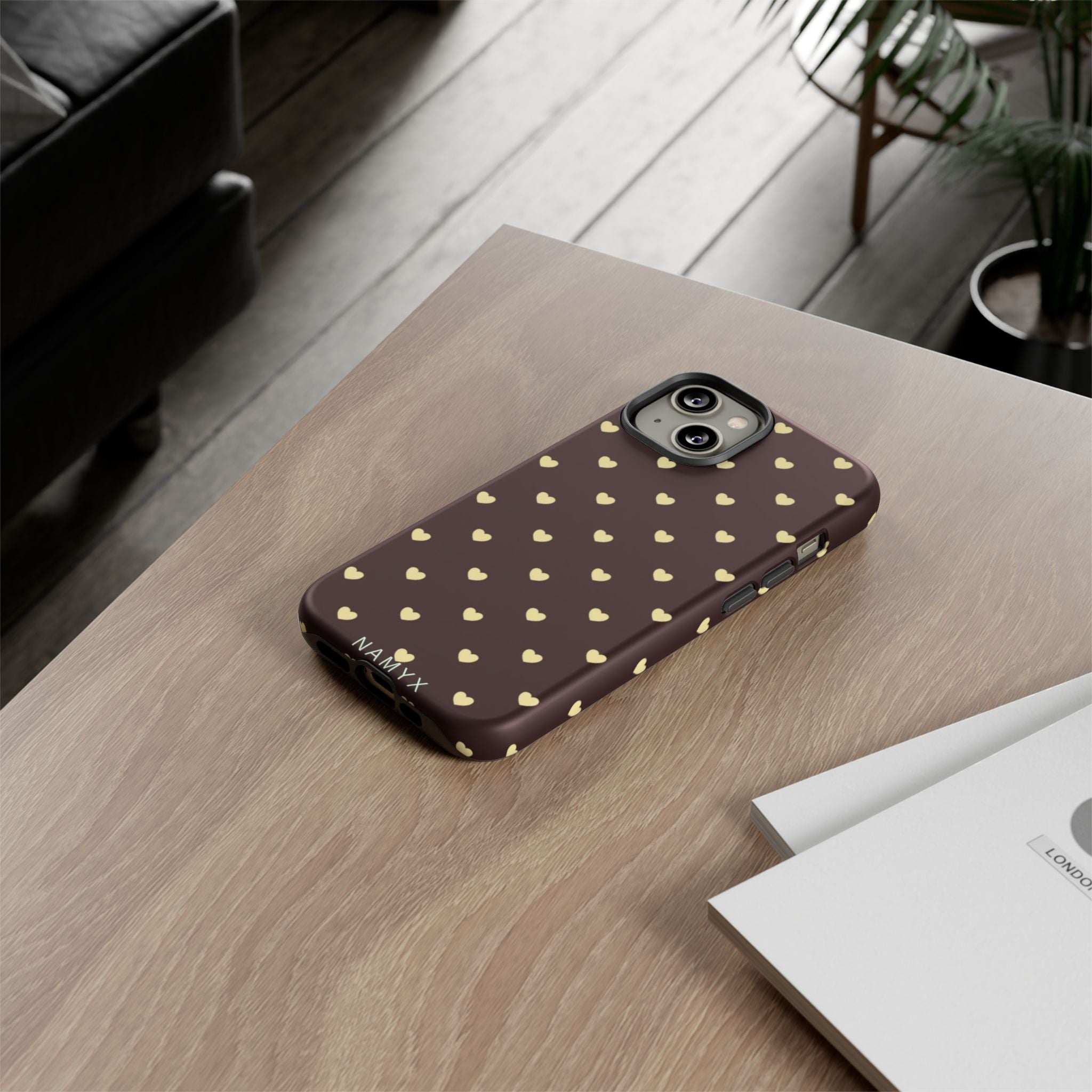 Tough Case — Brown Phone Case with Cream Heart Pattern