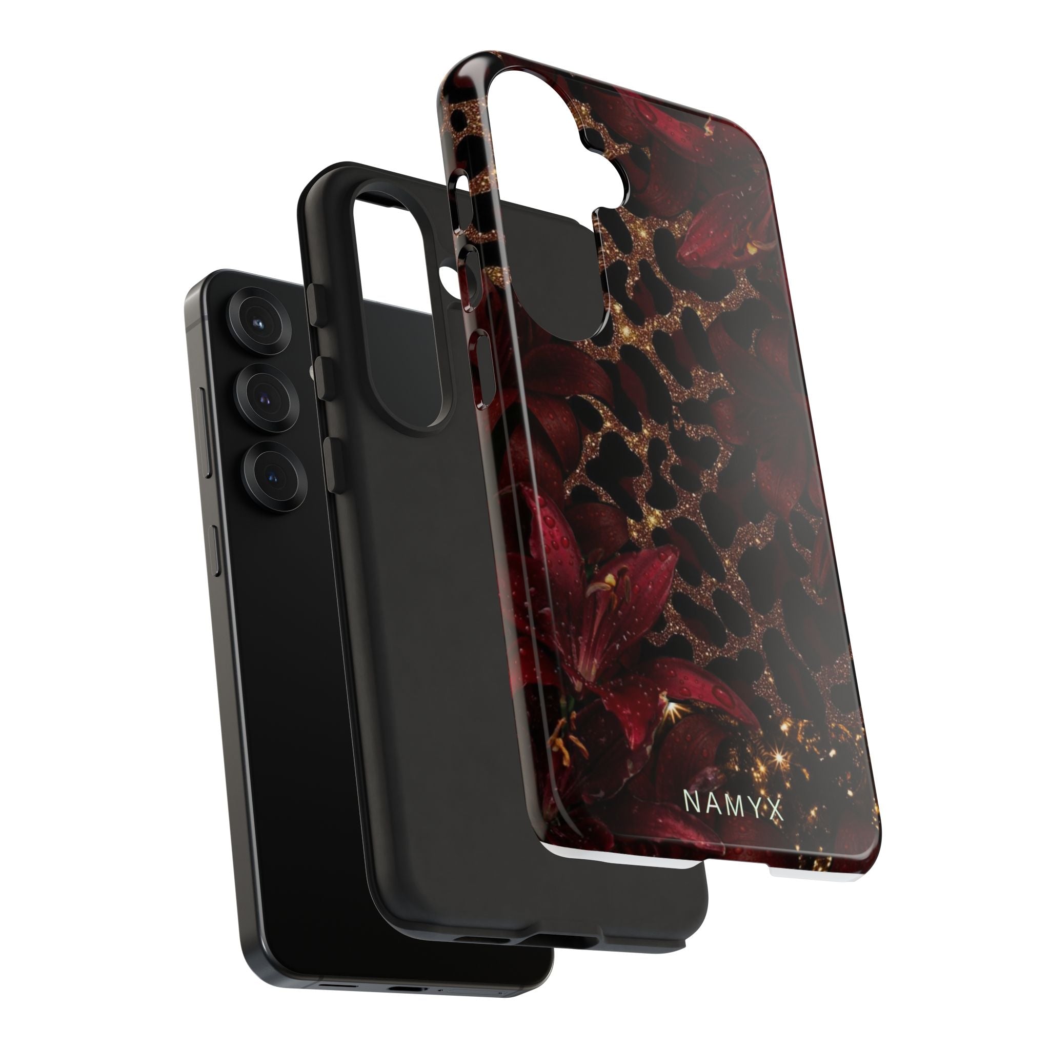 Protective Phone Case — Burgundy Floral & Gold Leopard Print Tough Case
