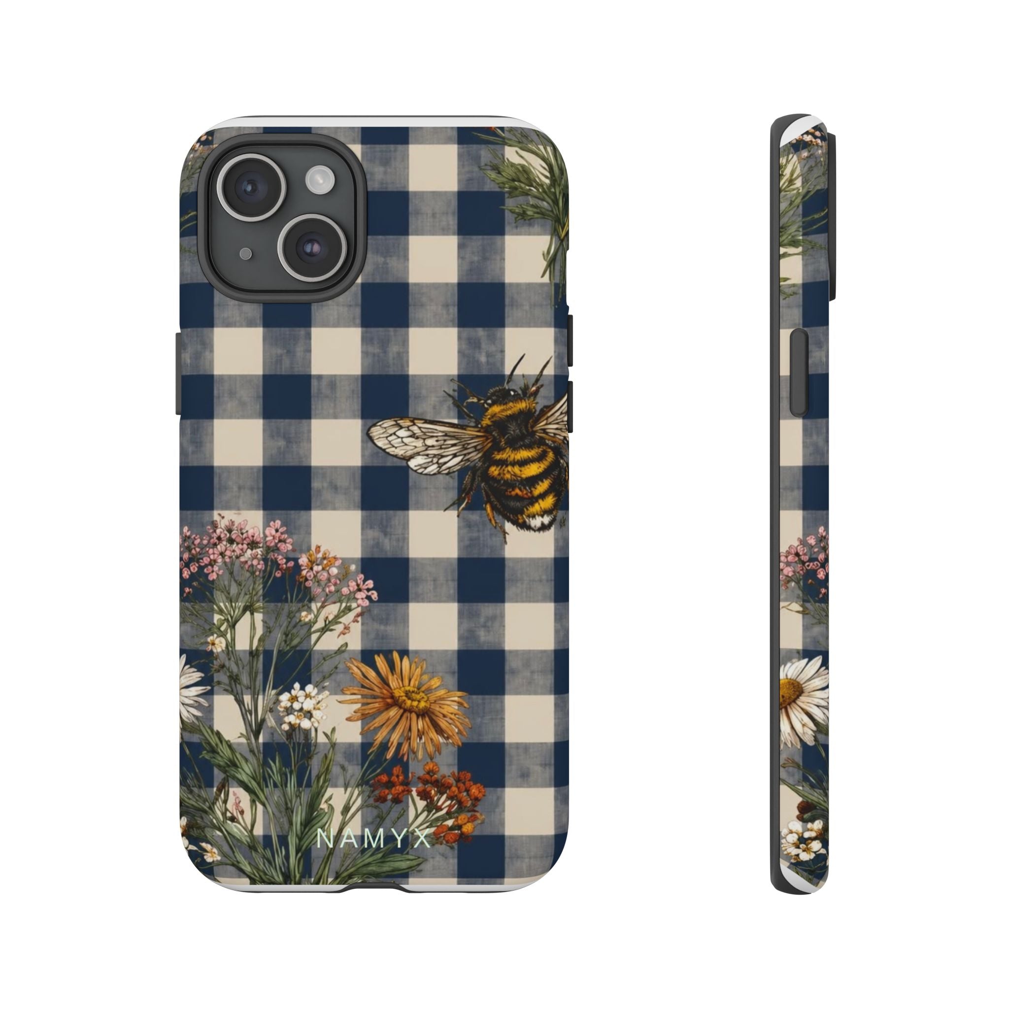 Bee & Wildflower Plaid Phone Case — Navy Buffalo Check Floral iPhone Cover