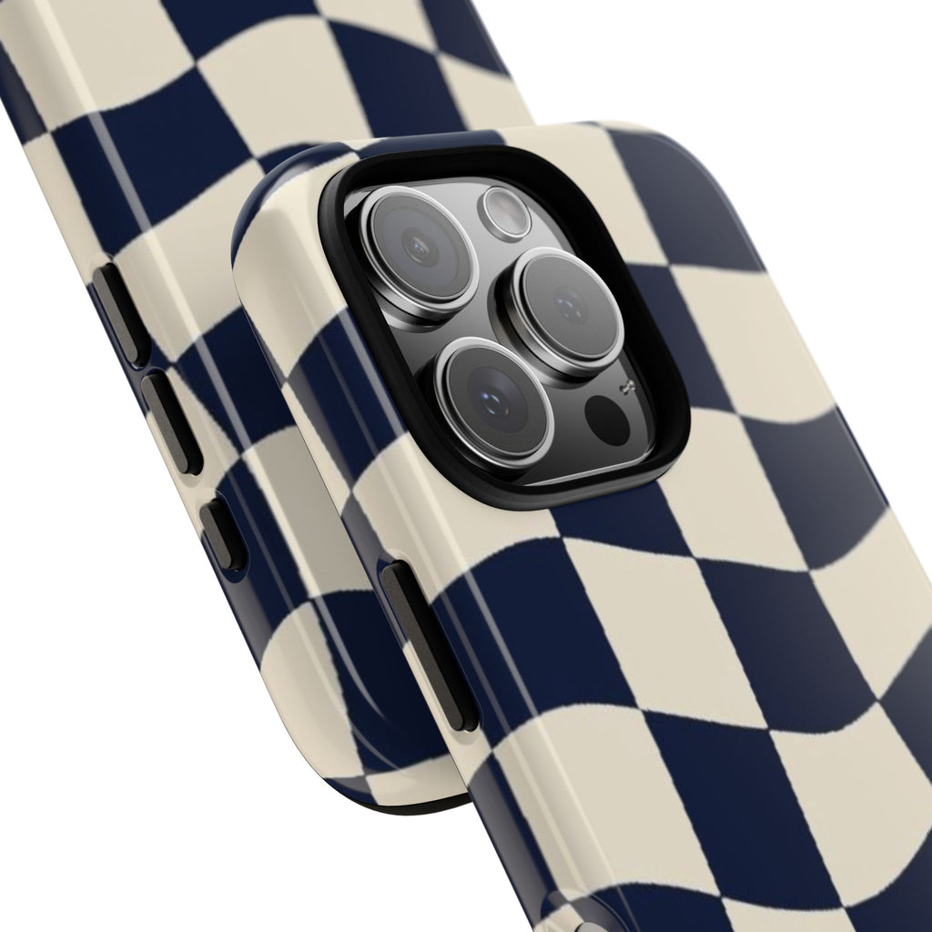 Wavy Checkered Phone Case – Retro Navy Racing Pattern Tough Case