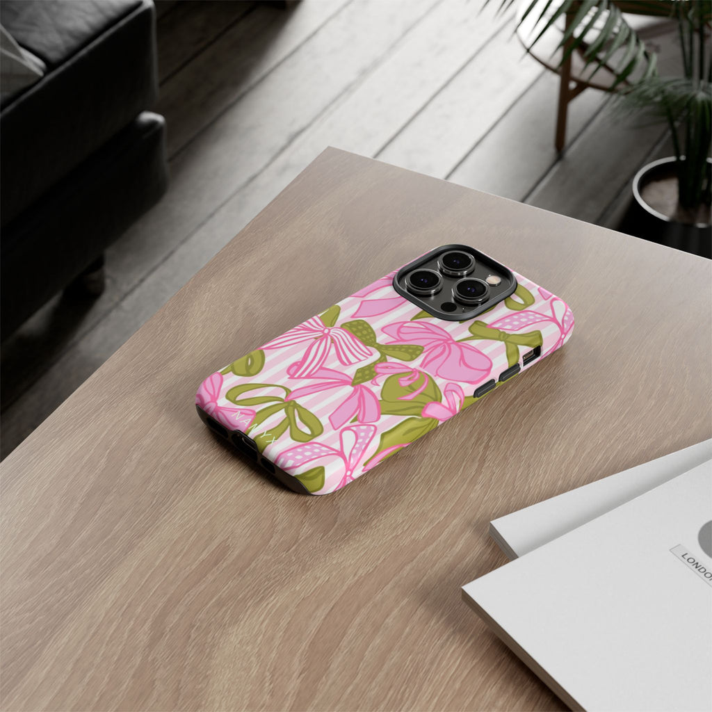 Bow Pattern Tough Case - Pink & Olive Floral Phone Cover
