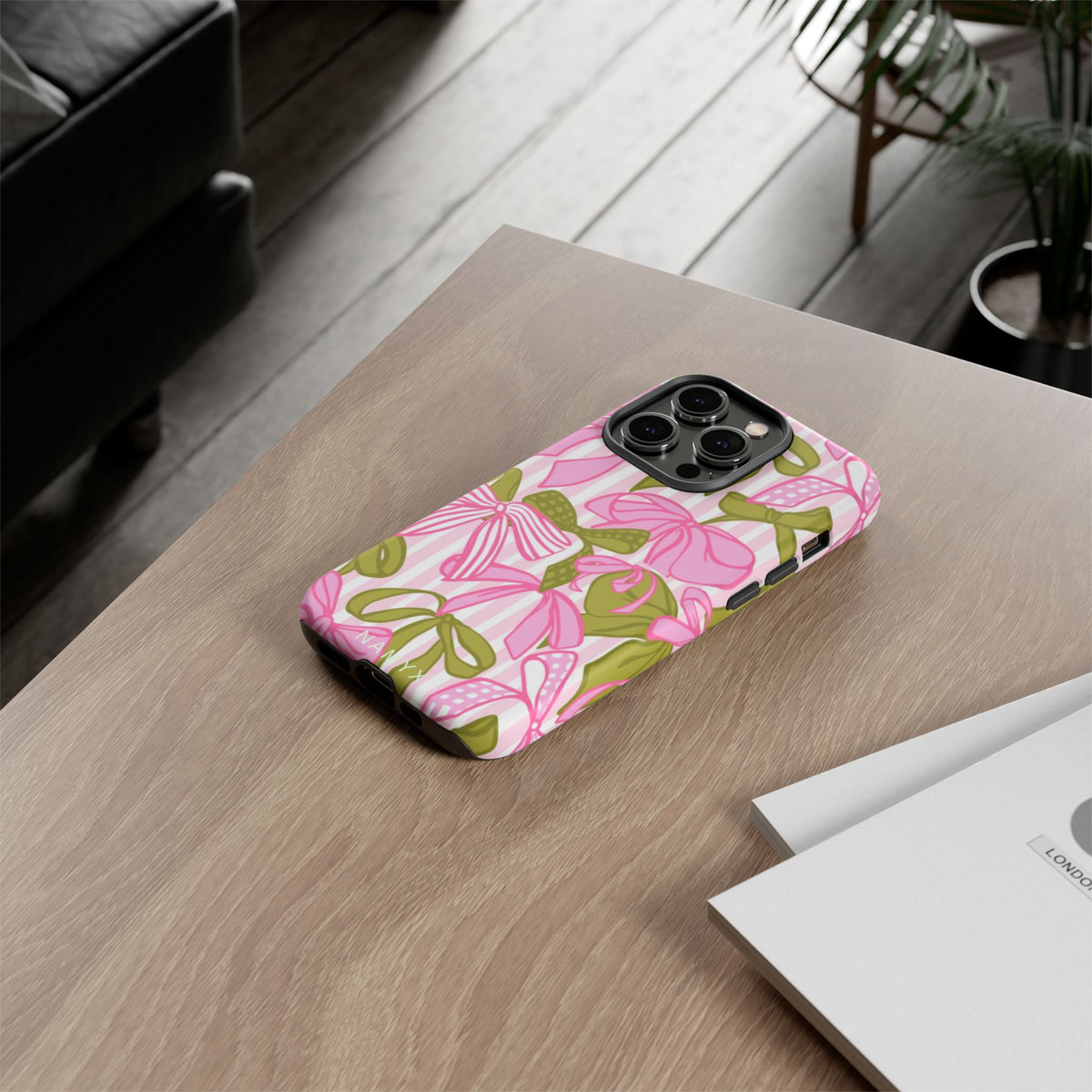 Bow Pattern Tough Case - Pink & Olive Floral Phone Cover