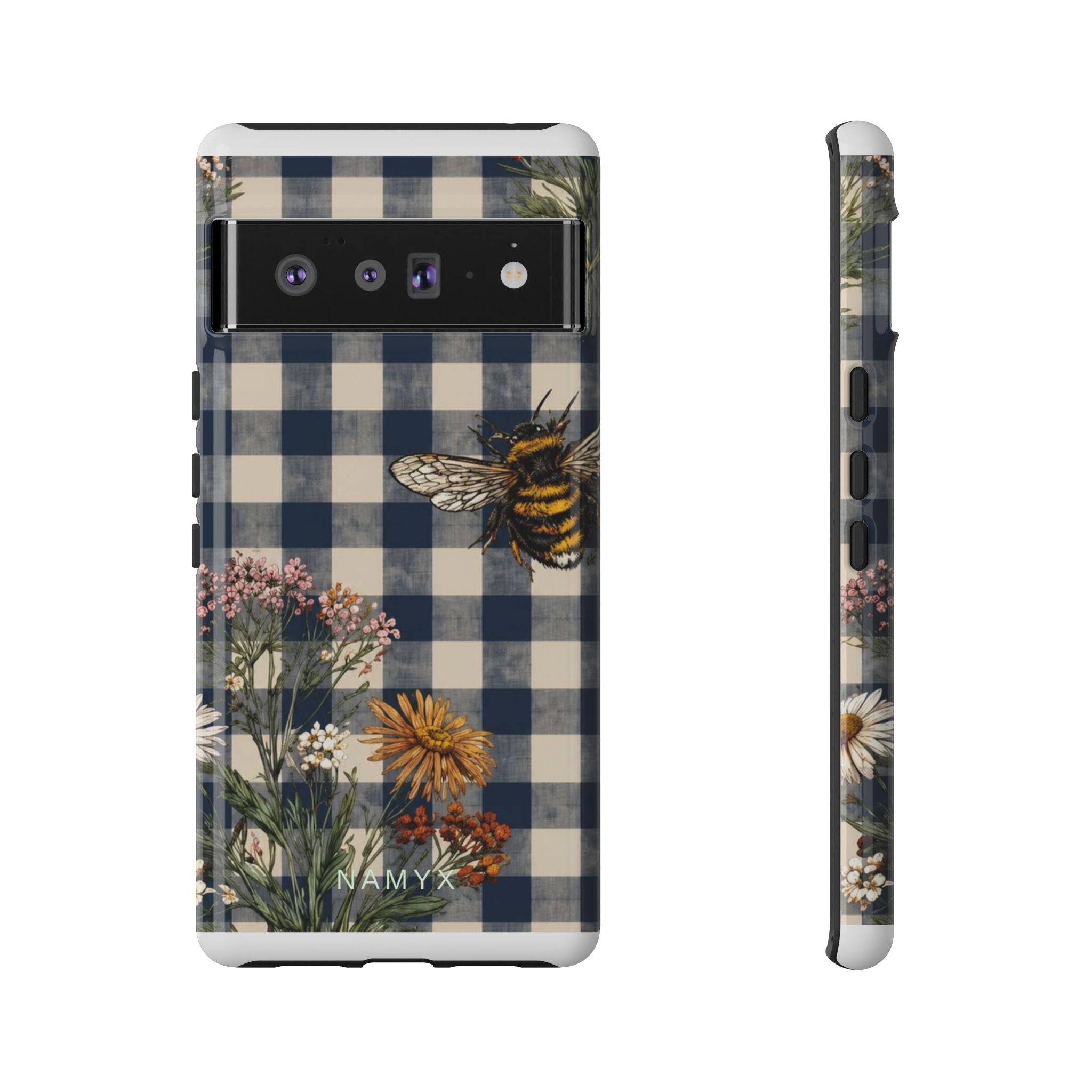 Bee & Wildflower Plaid Phone Case — Navy Buffalo Check Floral iPhone Cover