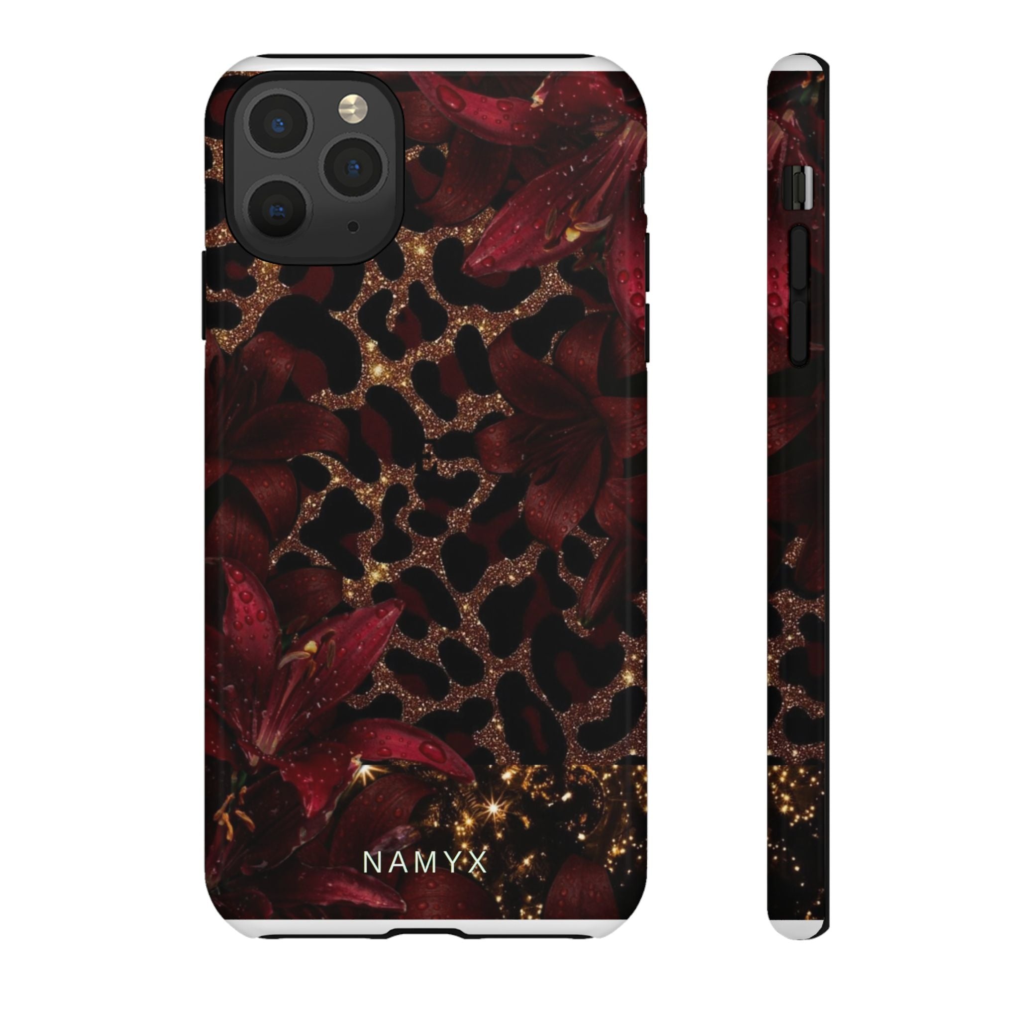 Protective Phone Case — Burgundy Floral & Gold Leopard Print Tough Case