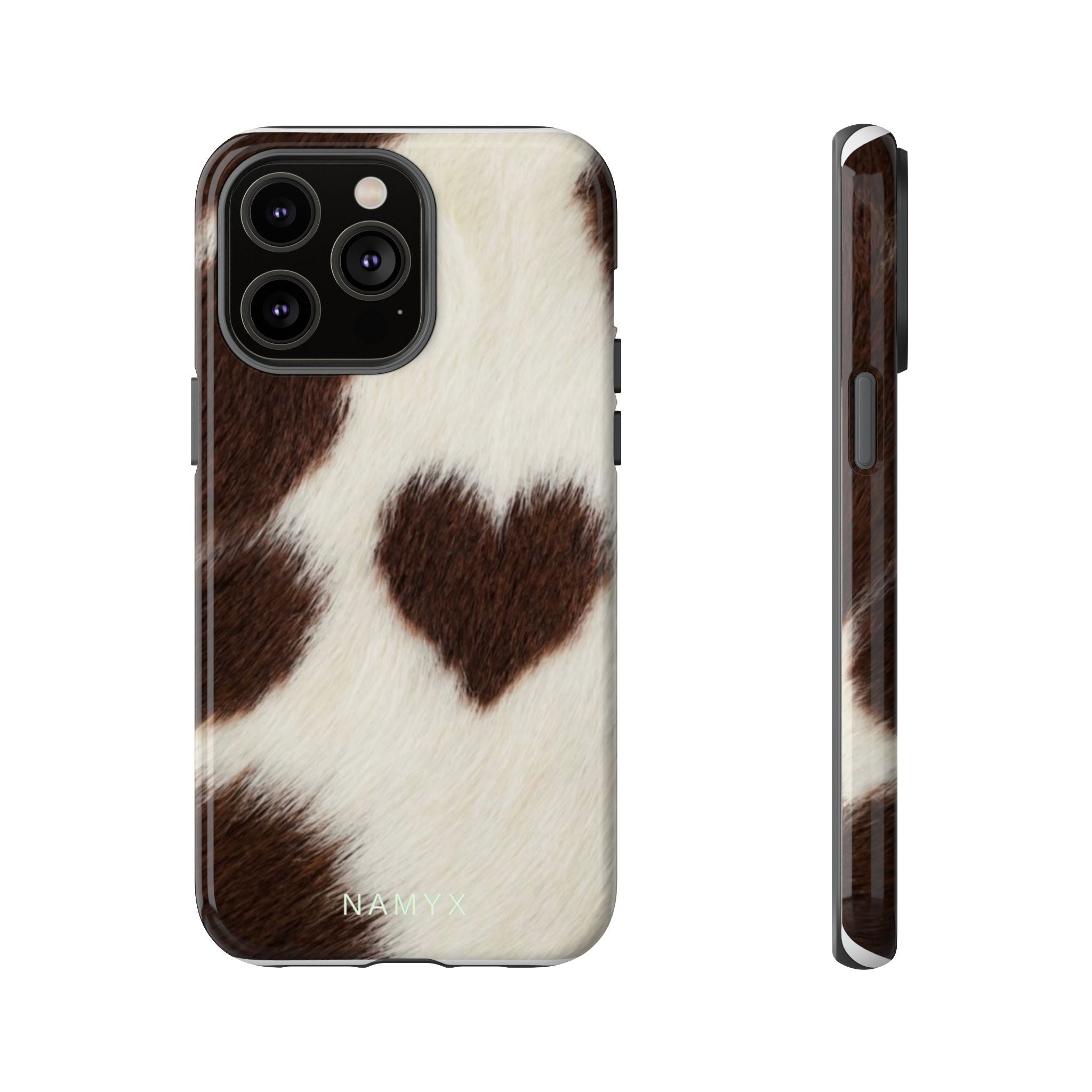 Cowhide Heart Phone Case — Cute Cow Print Protective iPhone Cover