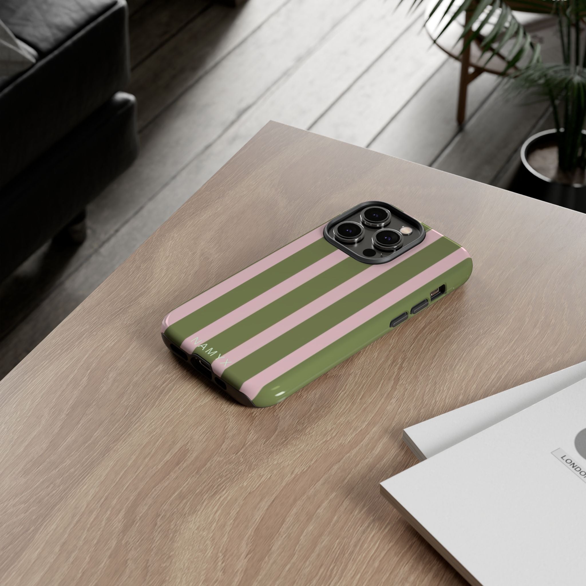 Striped Olive & Blush Tough Phone Case — Durable Protective Phone Cover