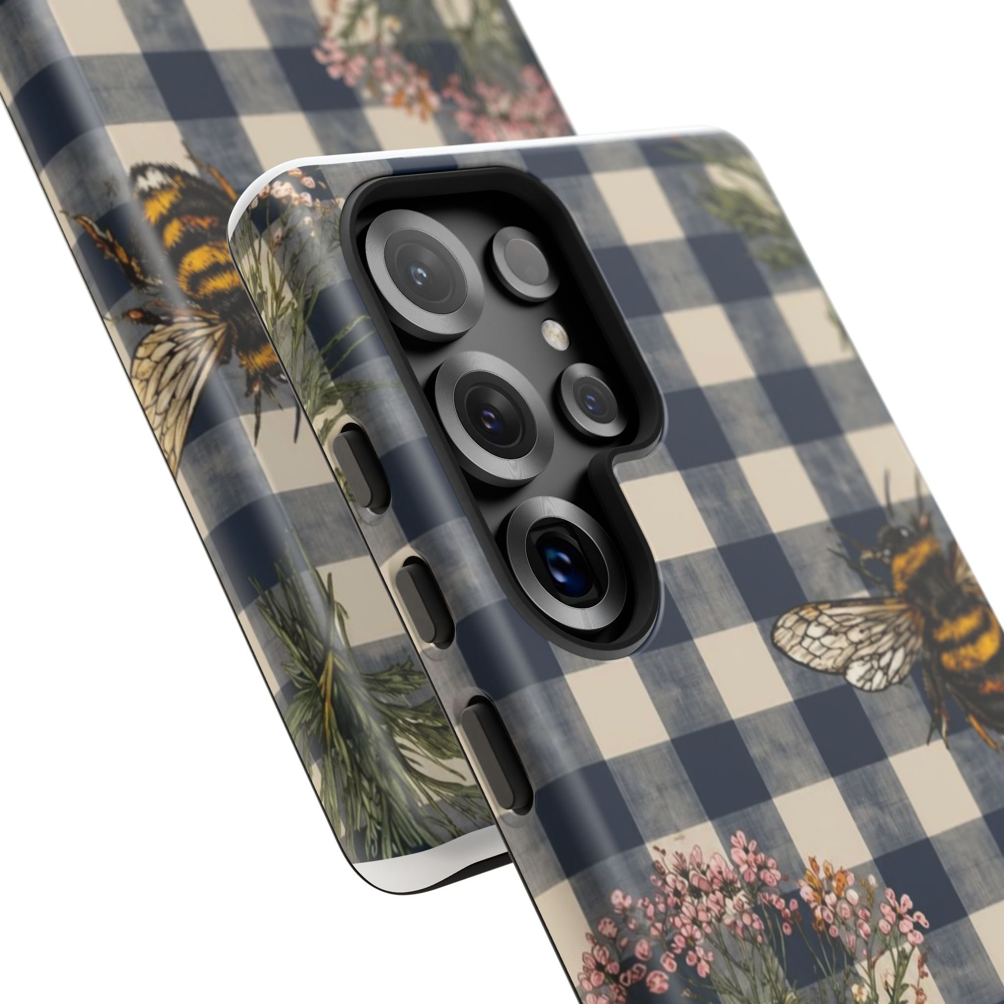 Bee & Wildflower Plaid Phone Case — Navy Buffalo Check Floral iPhone Cover