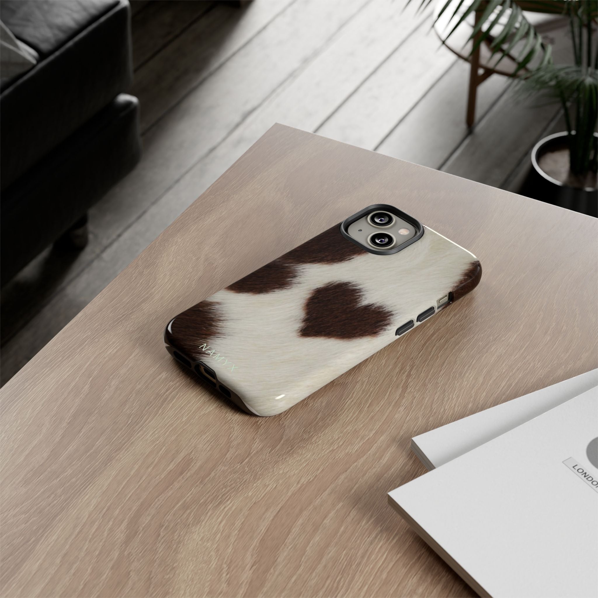 Cowhide Heart Phone Case — Cute Cow Print Protective iPhone Cover