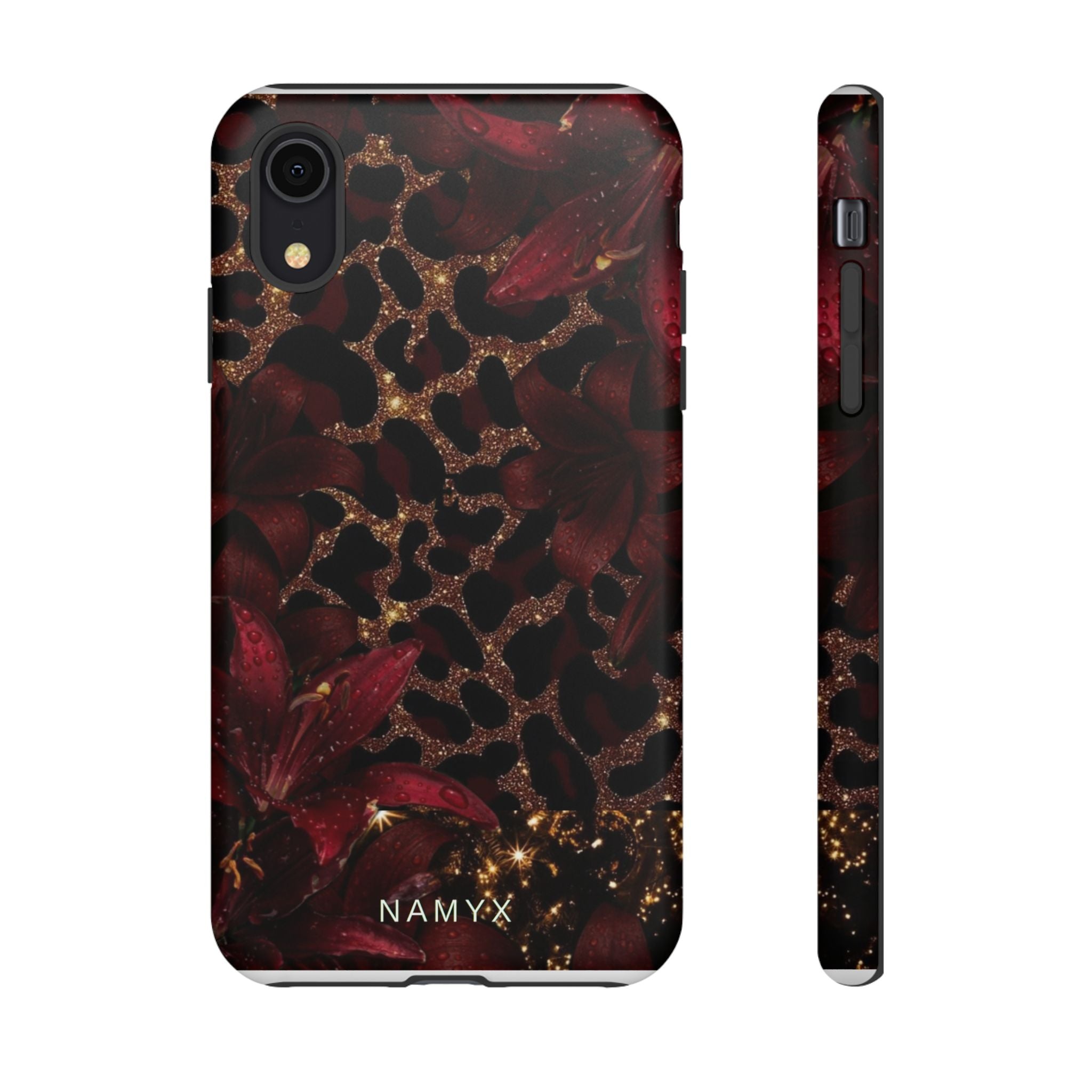 Protective Phone Case — Burgundy Floral & Gold Leopard Print Tough Case