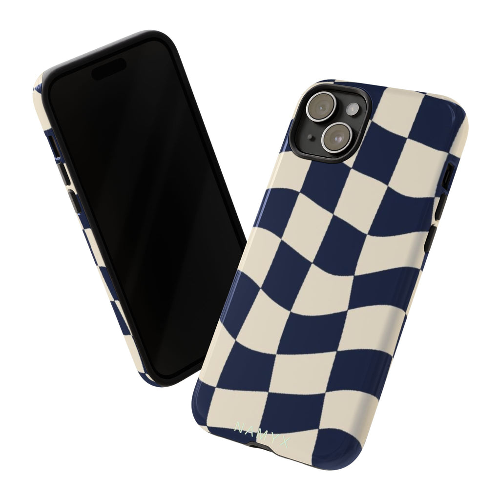 Wavy Checkered Phone Case – Retro Navy Racing Pattern Tough Case