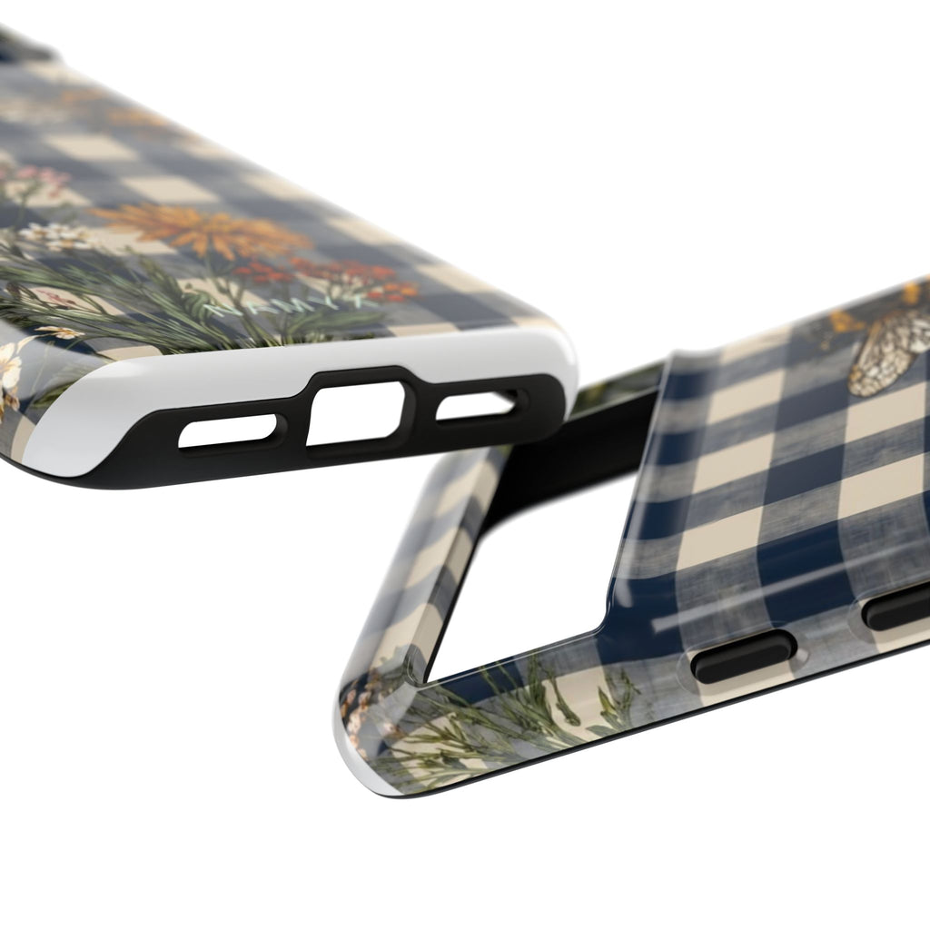 Bee & Wildflower Plaid Phone Case — Navy Buffalo Check Floral iPhone Cover