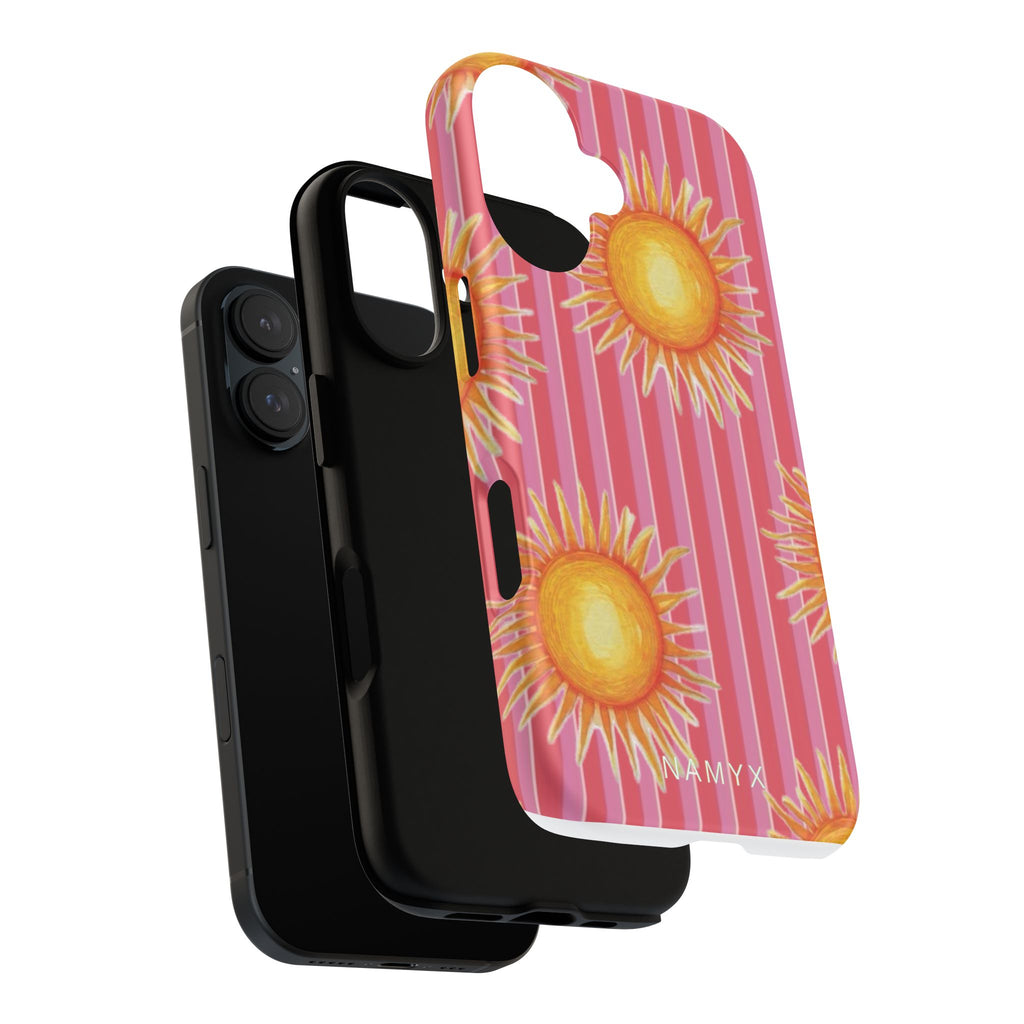 Sunburst Stripe Tough Phone Case — Bright Yellow Sun Pattern on Pink