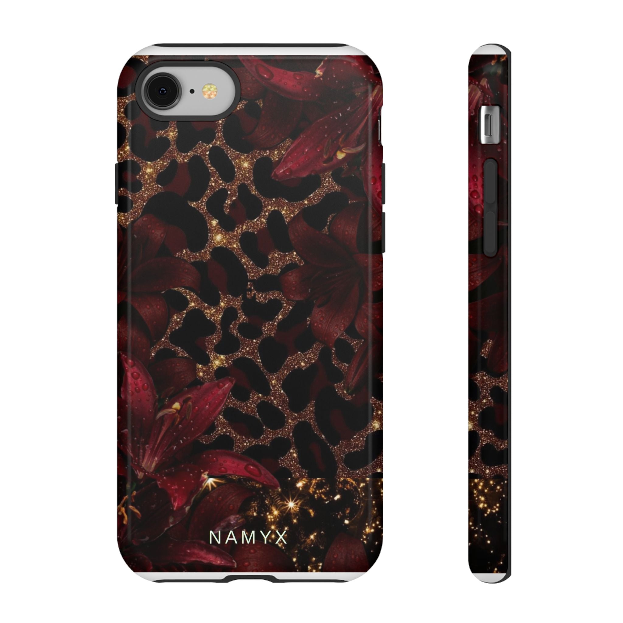 Protective Phone Case — Burgundy Floral & Gold Leopard Print Tough Case