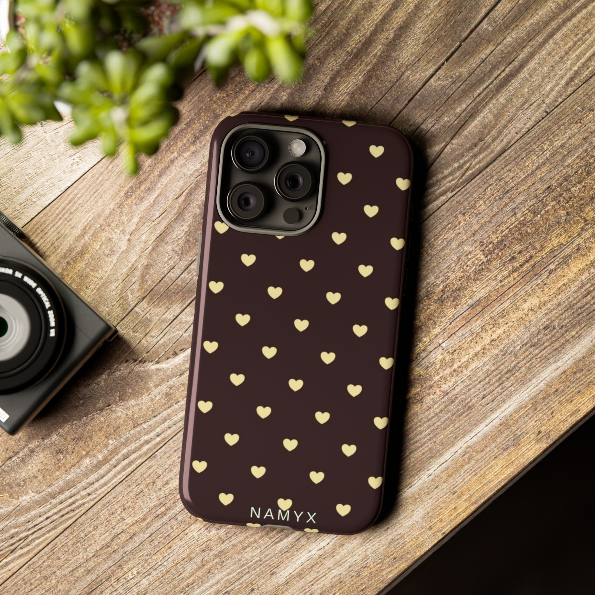 Tough Case — Brown Phone Case with Cream Heart Pattern