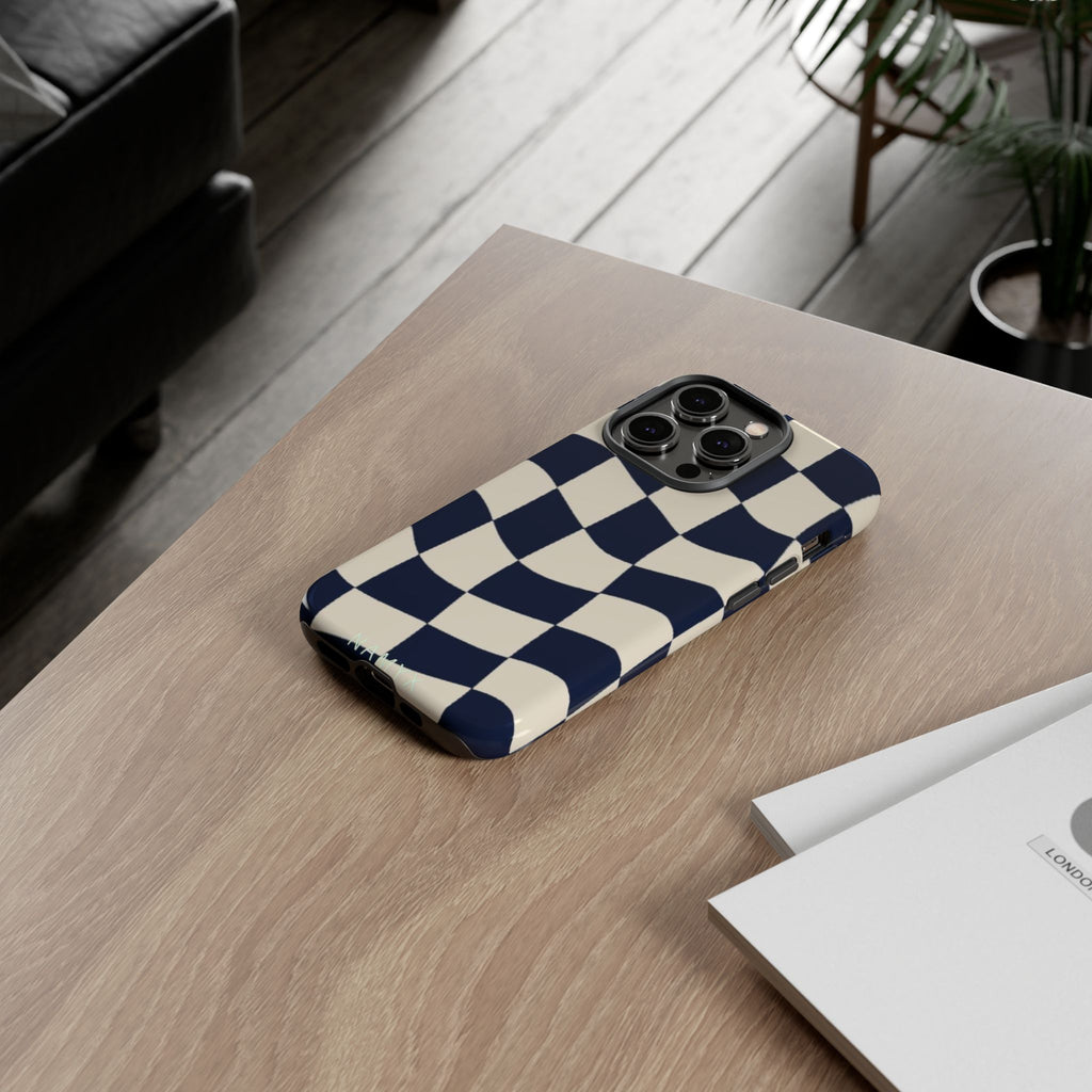 Wavy Checkered Phone Case – Retro Navy Racing Pattern Tough Case